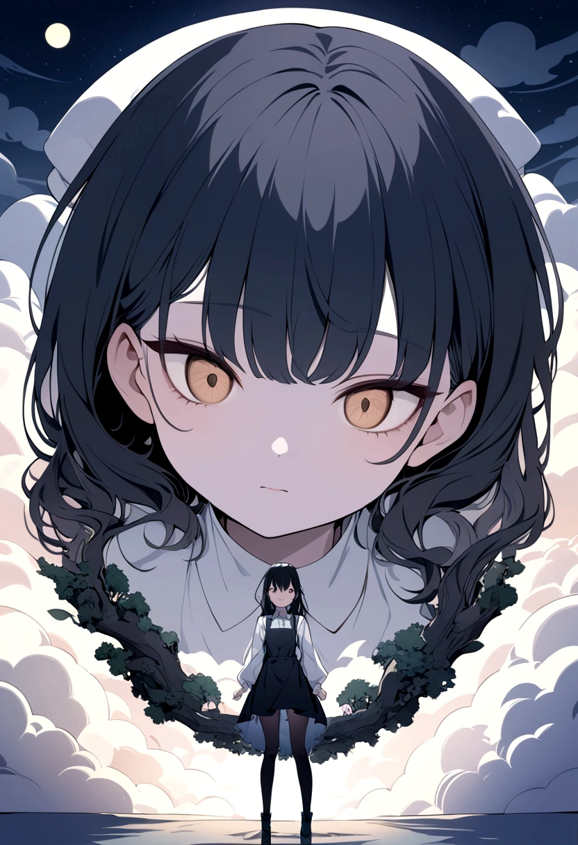 (Surrealism), (illustration), (high resolution), (8K), (Extremely detailed), (best illustration), night ( chainsaw man ), (美丽Delicate eyes), (best quality), (Extremely detailed), (masterpiece), (wallpaper), (Delicate face), Solitary, Upper Body, focus on face, 1 girl, long black hair, Korean, Thin eye shadow, Delicate eyes, Brown eyes, There is a small mole under the eye, Long-sleeved shirt, Neck arch, Small Breasts, Apron Dress, Dynamic poses, Low lighting, night晚, dark, cloud, dark night晚