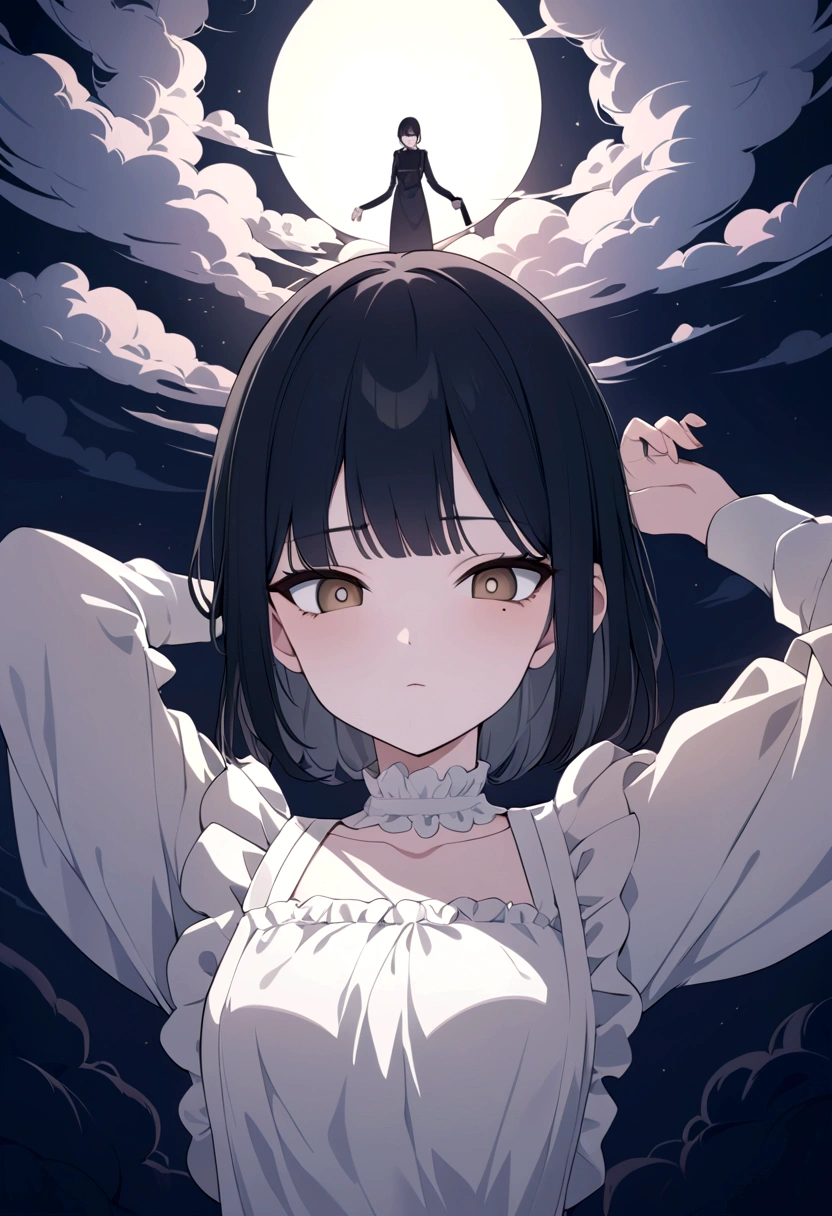(Surrealism), (illustration), (high resolution), (8K), (Extremely detailed), (best illustration), night ( chainsaw man ), (美丽Delicate eyes), (best quality), (Extremely detailed), (masterpiece), (wallpaper), (Delicate face), Solitary, Upper Body, focus on face, 1 girl, long black hair, Korean, Thin eye shadow, Delicate eyes, Brown eyes, There is a small mole under the eye, Long-sleeved shirt, Neck arch, Small Breasts, Apron Dress, Dynamic poses, Low lighting, night晚, dark, cloud, dark night晚