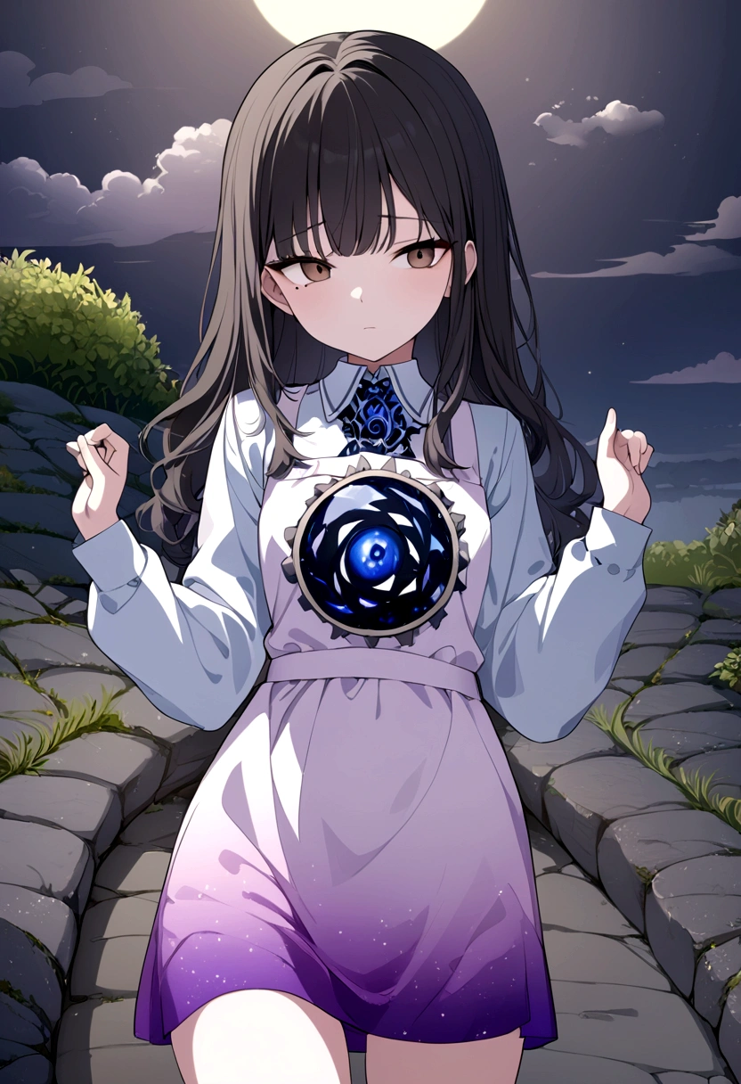 (Surrealism), (illustration), (high resolution), (8K), (Extremely detailed), (best illustration), night ( chainsaw man ), (美丽Delicate eyes), (best quality), (Extremely detailed), (masterpiece), (wallpaper), (Delicate face), Solitary, Upper Body, focus on face, 1 girl, long black hair, Korean, Thin eye shadow, Delicate eyes, Brown eyes, There is a small mole under the eye, Long-sleeved shirt, Neck arch, Small Breasts, Apron Dress, Dynamic poses, Low lighting, night晚, dark, cloud, dark night晚