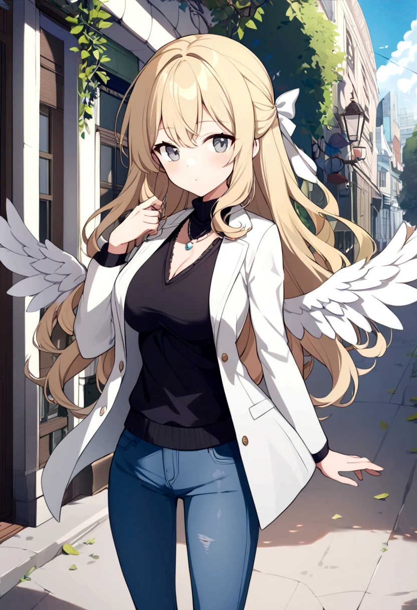 1 girl, Medium breasts, Blonde Hair, Long hair, curls, Gray eyes, White feather wings, Angel, outdoor, white jacket, Necklace, Vest, jeans