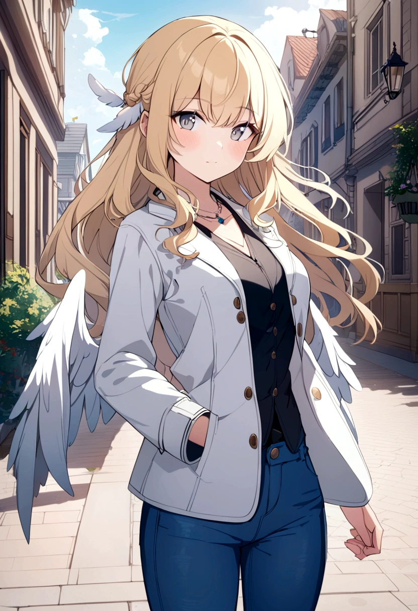 1 girl, Medium breasts, Blonde Hair, Long hair, curls, Gray eyes, White feather wings, Angel, outdoor, white jacket, Necklace, Vest, jeans