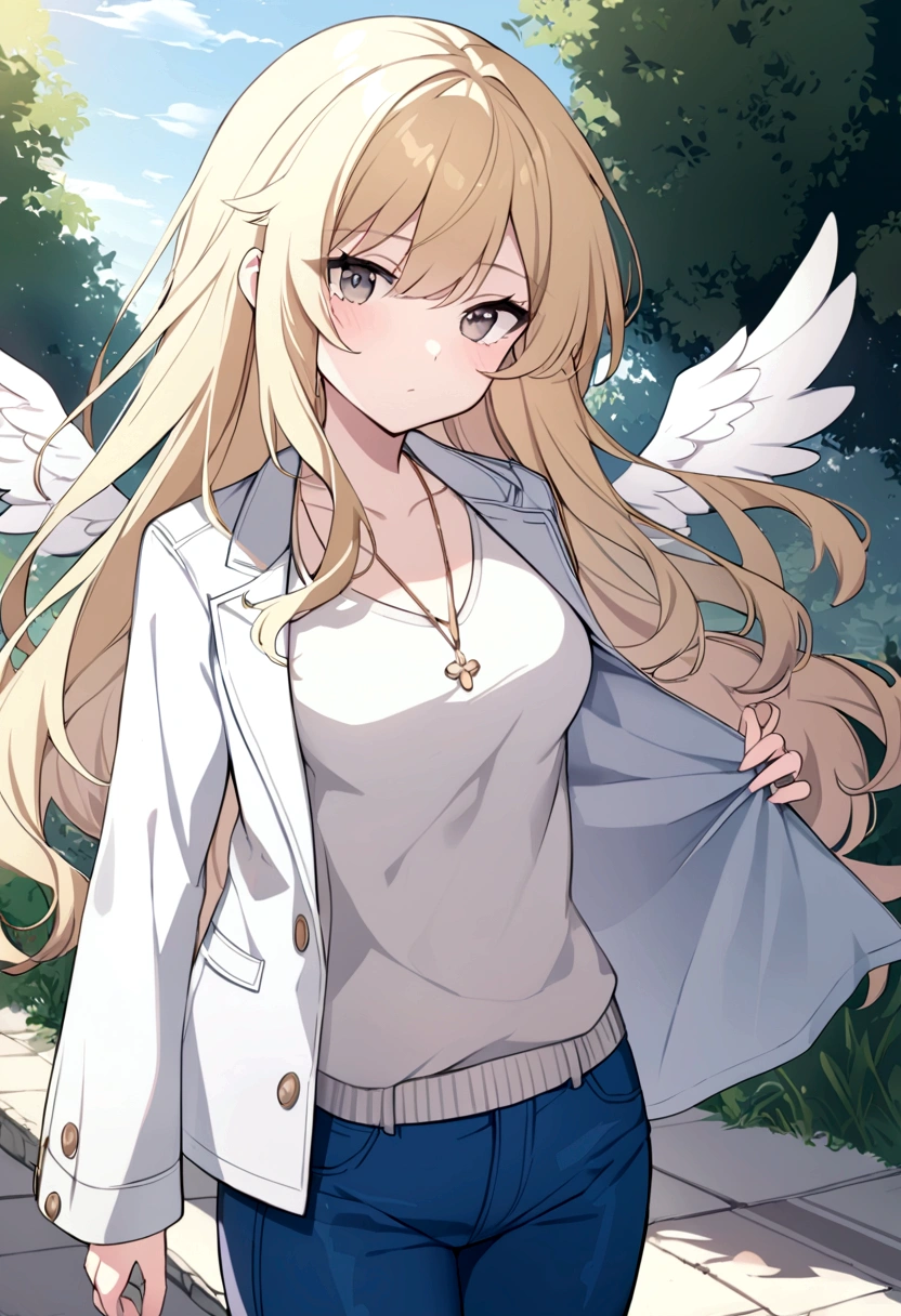 1 girl, Medium breasts, Blonde Hair, Long hair, curls, Gray eyes, White feather wings, Angel, outdoor, white jacket, Necklace, Vest, jeans