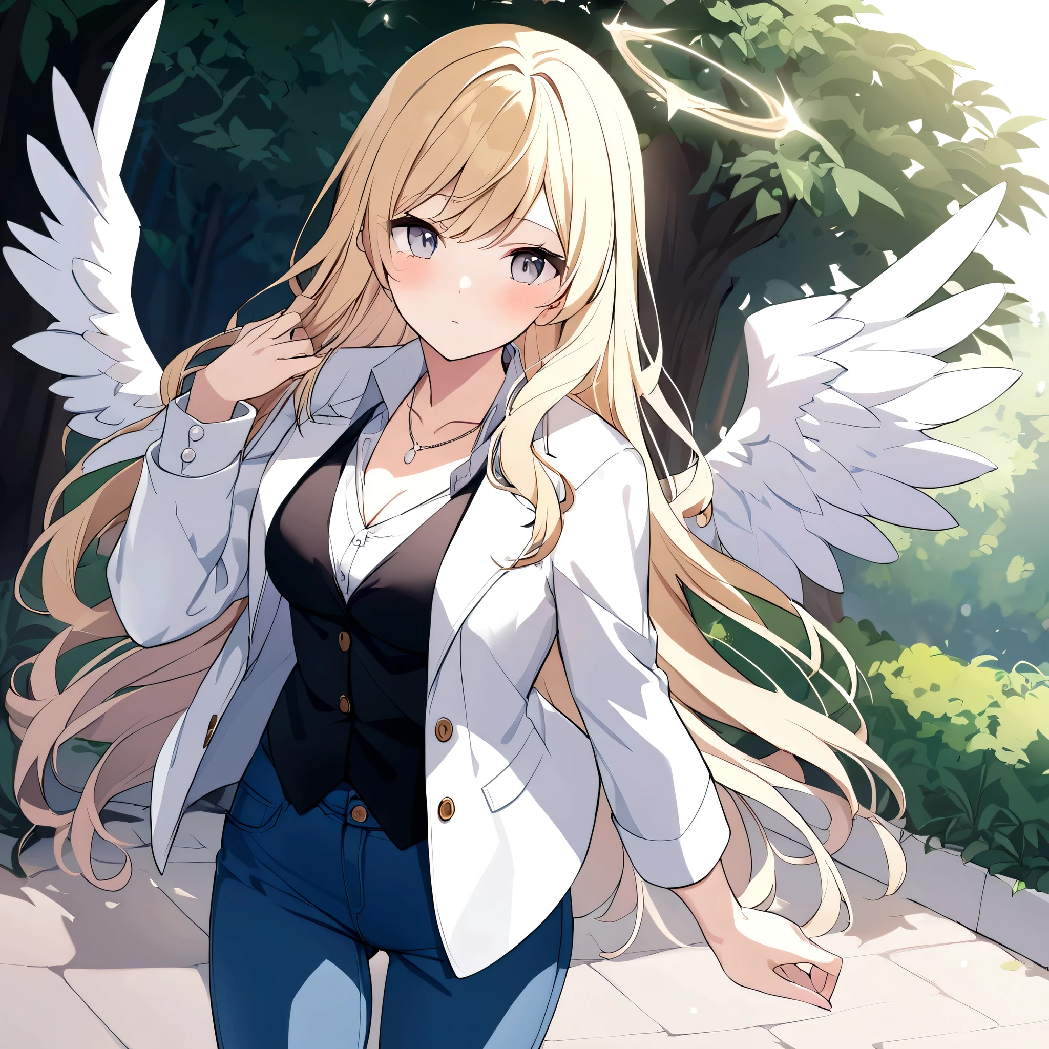 1 girl, Medium breasts, Blonde Hair, Long hair, curls, Gray eyes, White feather wings, Angel, outdoor, white jacket, Necklace, Vest, jeans