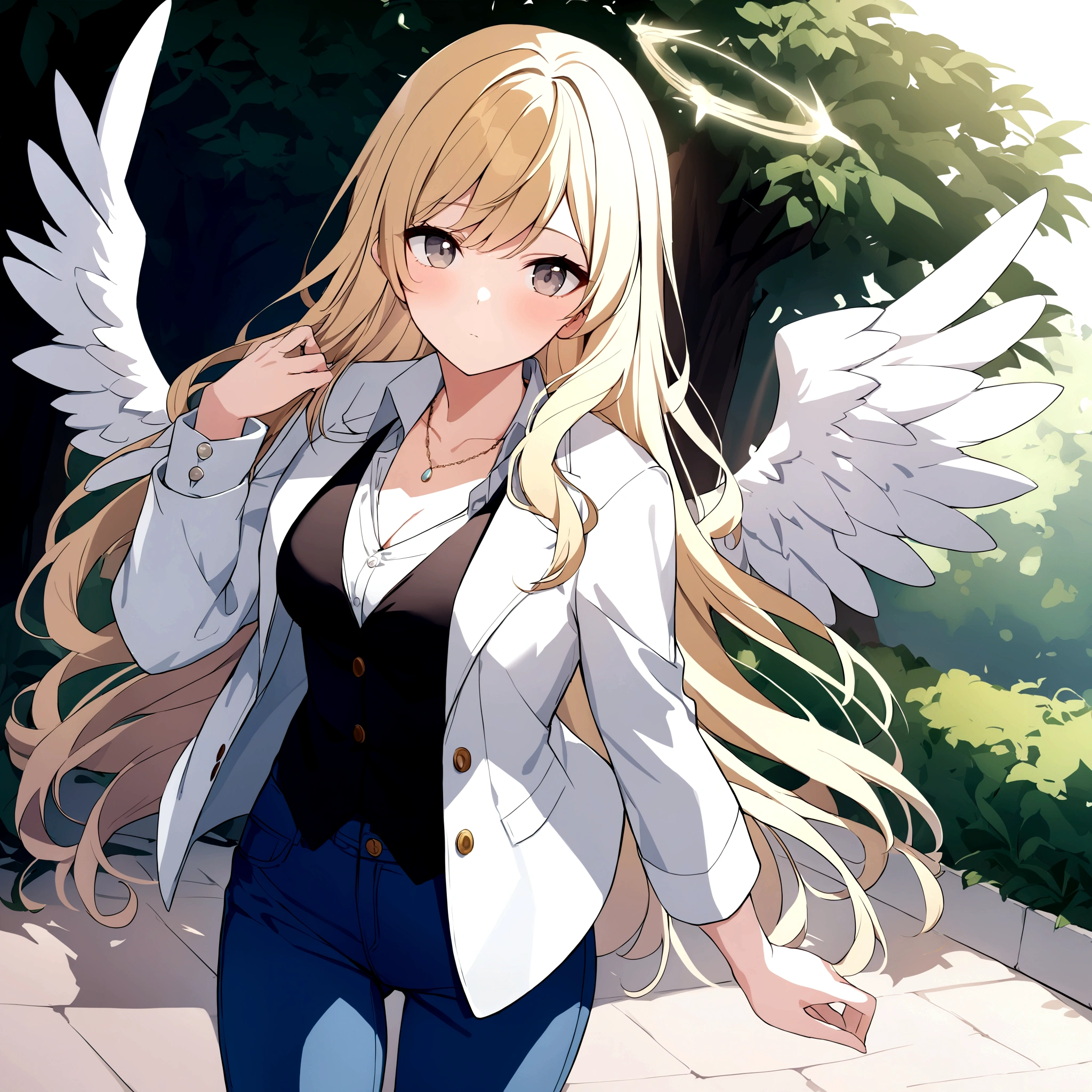 1 girl, Medium breasts, Blonde Hair, Long hair, curls, Gray eyes, White feather wings, Angel, outdoor, white jacket, Necklace, Vest, jeans