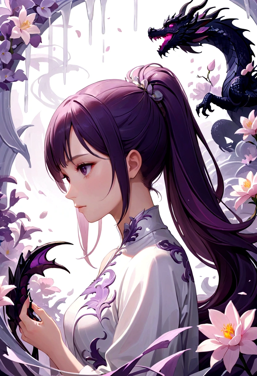 ((masterpiece, best quality)), (Negative Space: 1.2), (1 girl, Solitary: 1.4), petal, pink eyes, dragon girl, long, Purple Hair, High Ponytail, Liquid Hair Care, Flowers, dragon background