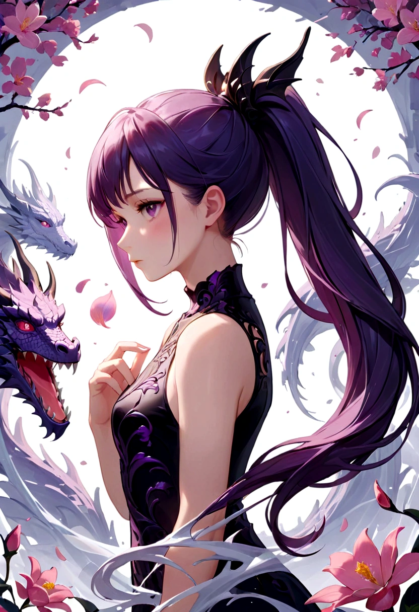 ((masterpiece, best quality)), (Negative Space: 1.2), (1 girl, Solitary: 1.4), petal, pink eyes, dragon girl, long, Purple Hair, High Ponytail, Liquid Hair Care, Flowers, dragon background