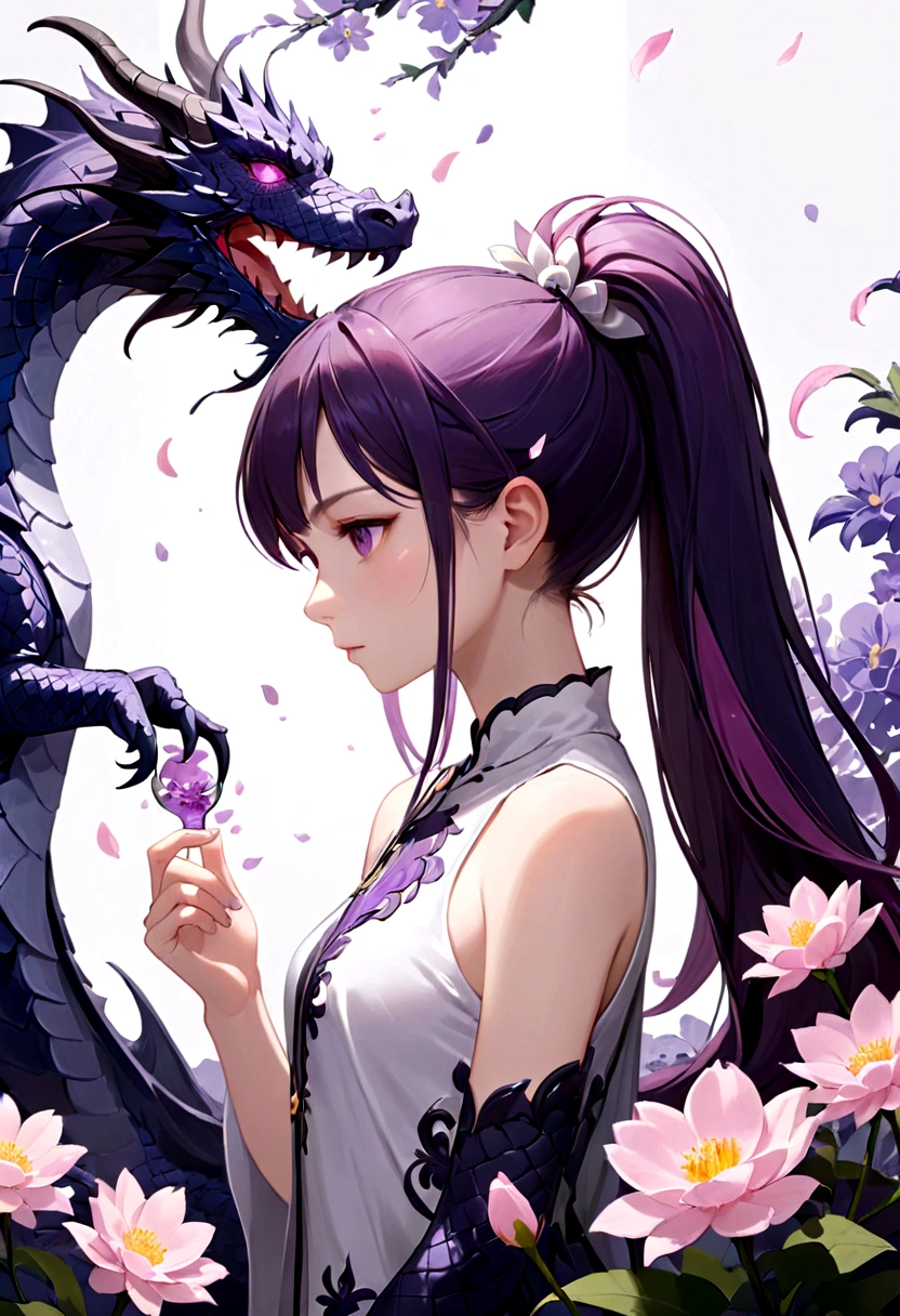 ((masterpiece, best quality)), (Negative Space: 1.2), (1 girl, Solitary: 1.4), petal, pink eyes, dragon girl, long, Purple Hair, High Ponytail, Liquid Hair Care, Flowers, dragon background
