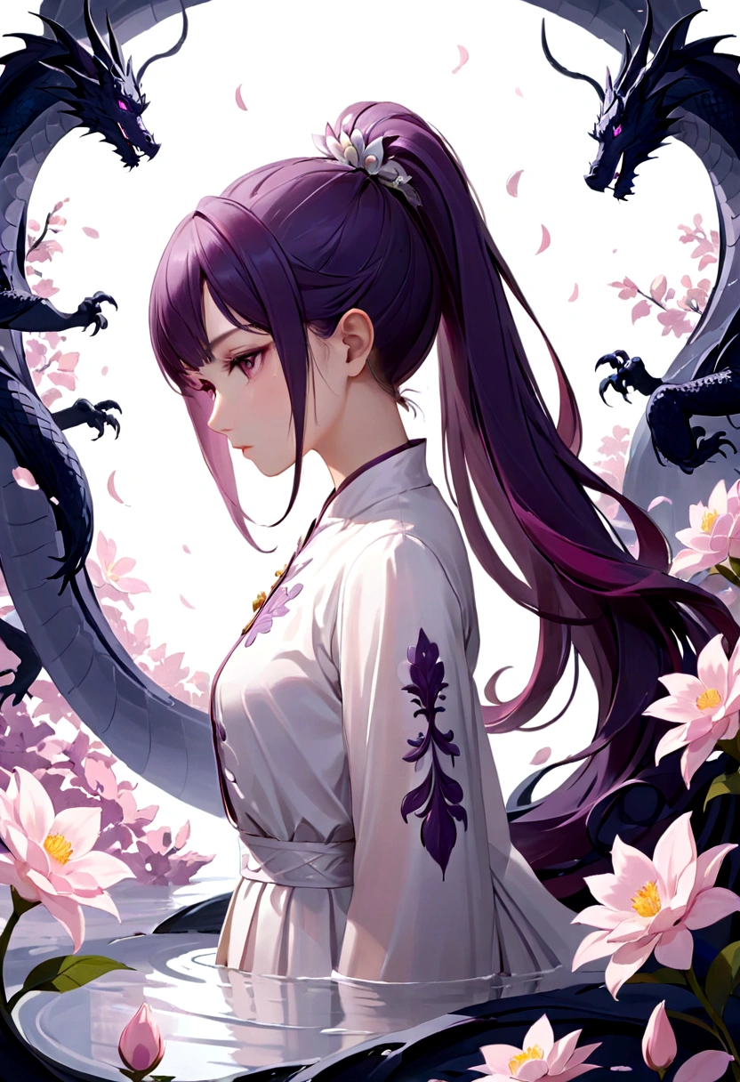((masterpiece, best quality)), (Negative Space: 1.2), (1 girl, Solitary: 1.4), petal, pink eyes, dragon girl, long, Purple Hair, High Ponytail, Liquid Hair Care, Flowers, dragon background