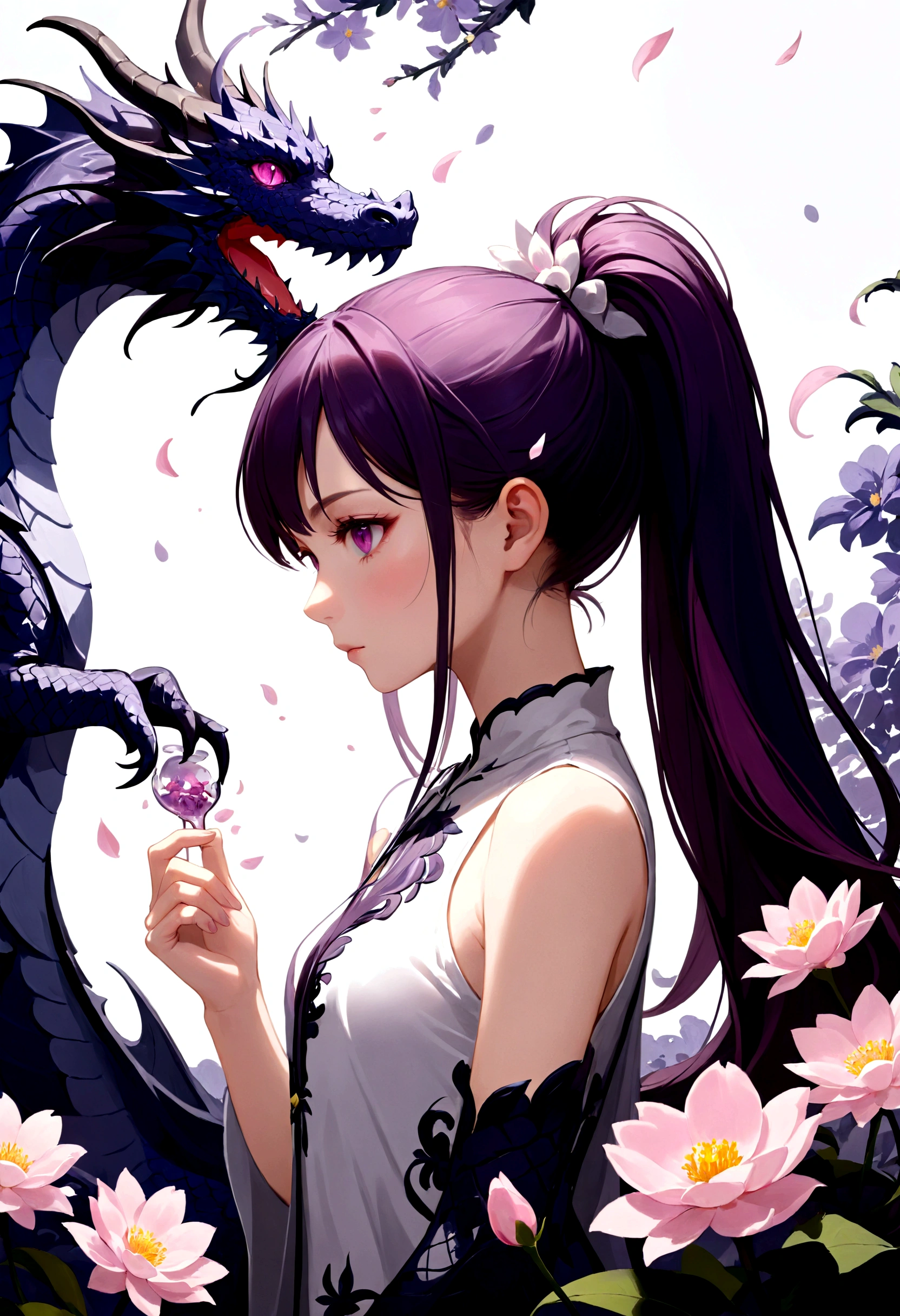 ((masterpiece, best quality)), (Negative Space: 1.2), (1 girl, Solitary: 1.4), petal, pink eyes, dragon girl, long, Purple Hair, High Ponytail, Liquid Hair Care, Flowers, dragon background