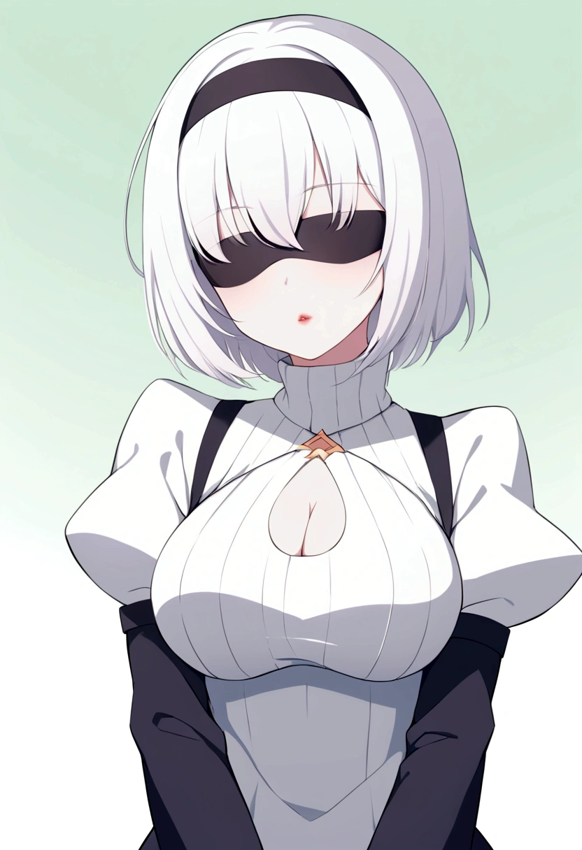 Yohanno. Type 2b, 1 girl, Wallop, (Blindfold), breast, Lysis, Lysis cutout, Garment cutting, green background, Hair between the eyes, Headband, high resolution, Juliet Sleeves, Long sleeve, Neil (series), Neil automata, puff sleeves, Red lips, Shadow Side, short hair, Solitary, turtleneck sweater, Upper Body, White hair, Sky