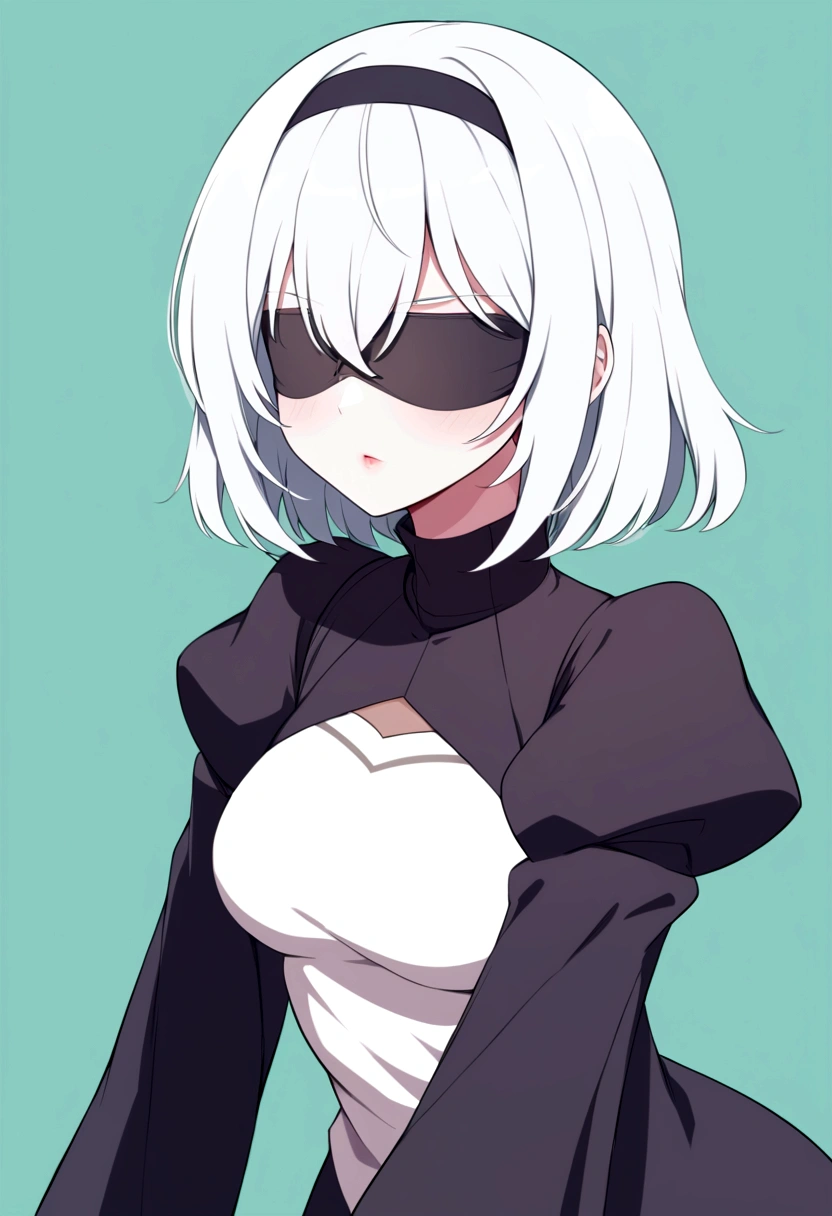 Yohanno. Type 2b, 1 girl, Wallop, (Blindfold), breast, Lysis, Lysis cutout, Garment cutting, green background, Hair between the eyes, Headband, high resolution, Juliet Sleeves, Long sleeve, Neil (series), Neil automata, puff sleeves, Red lips, Shadow Side, short hair, Solitary, turtleneck sweater, Upper Body, White hair, Sky