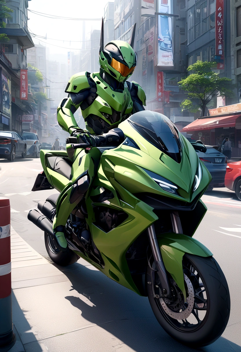 Highest image quality, Highlight details, Ultra-high resolution, (realism: 1.4), Best example, Favor details, Highly concentrated 1girl, Pretty face, Wearing black and green armor, Wearing a mecha helmet, Handheld Direction Controller, riding a motorcycle, The background is a high-tech lighting scene of a future city. 超realism插图, Hyper-realistic rendering, Clear digital rendering, Photorealistic rendering, 超realism插图