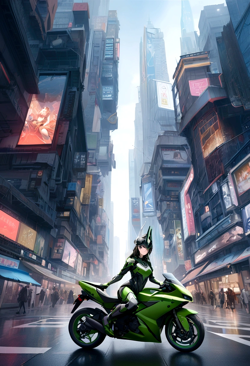Highest image quality, Highlight details, Ultra-high resolution, (realism: 1.4), Best example, Favor details, Highly concentrated 1girl, Pretty face, Wearing black and green armor, Wearing a mecha helmet, Handheld Direction Controller, riding a motorcycle, The background is a high-tech lighting scene of a future city. 超realism插图, Hyper-realistic rendering, Clear digital rendering, Photorealistic rendering, 超realism插图