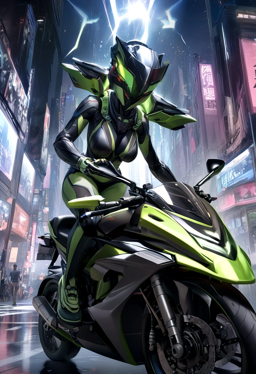 Highest image quality, Highlight details, Ultra-high resolution, (realism: 1.4), Best example, Favor details, Highly concentrated 1girl, Pretty face, Wearing black and green armor, Wearing a mecha helmet, Handheld Direction Controller, riding a motorcycle, The background is a high-tech lighting scene of a future city. 超realism插图, Hyper-realistic rendering, Clear digital rendering, Photorealistic rendering, 超realism插图