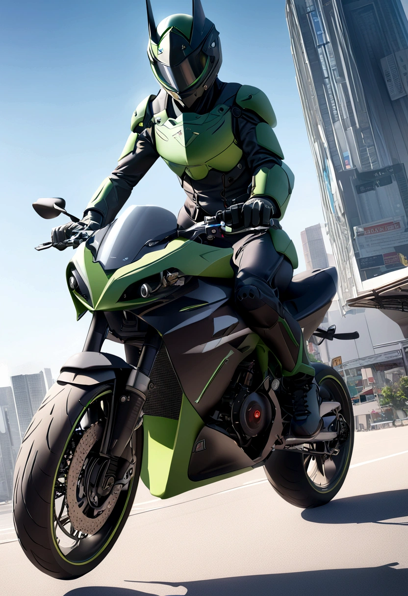 Highest image quality, Highlight details, Ultra-high resolution, (realism: 1.4), Best example, Favor details, Highly concentrated 1girl, Pretty face, Wearing black and green armor, Wearing a mecha helmet, Handheld Direction Controller, riding a motorcycle, The background is a high-tech lighting scene of a future city. 超realism插图, Hyper-realistic rendering, Clear digital rendering, Photorealistic rendering, 超realism插图