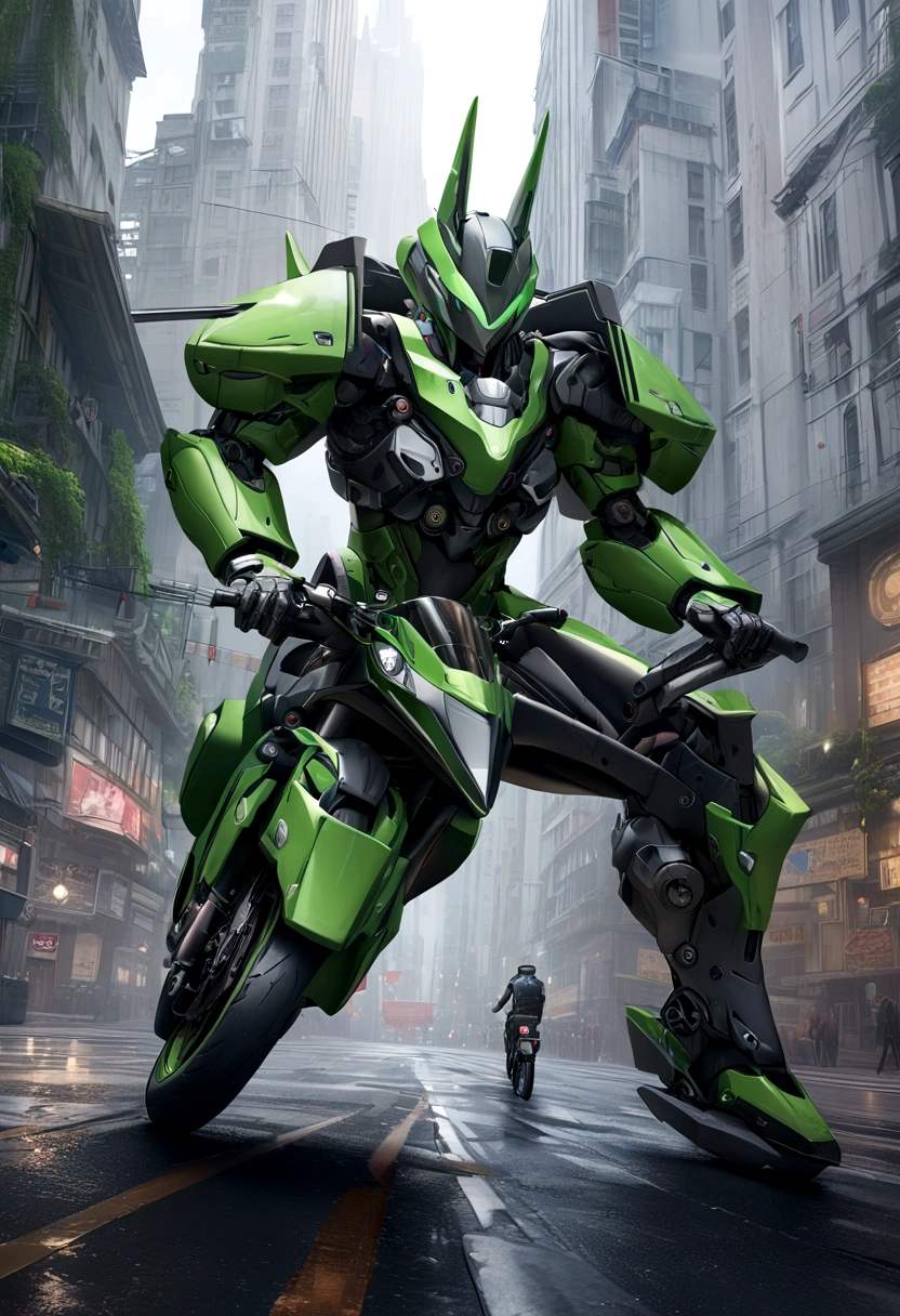 Highest image quality, Highlight details, Ultra-high resolution, (realism: 1.4), Best example, Favor details, Highly concentrated 1girl, Pretty face, Wearing black and green armor, Wearing a mecha helmet, Handheld Direction Controller, riding a motorcycle, The background is a high-tech lighting scene of a future city. 超realism插图, Hyper-realistic rendering, Clear digital rendering, Photorealistic rendering, 超realism插图