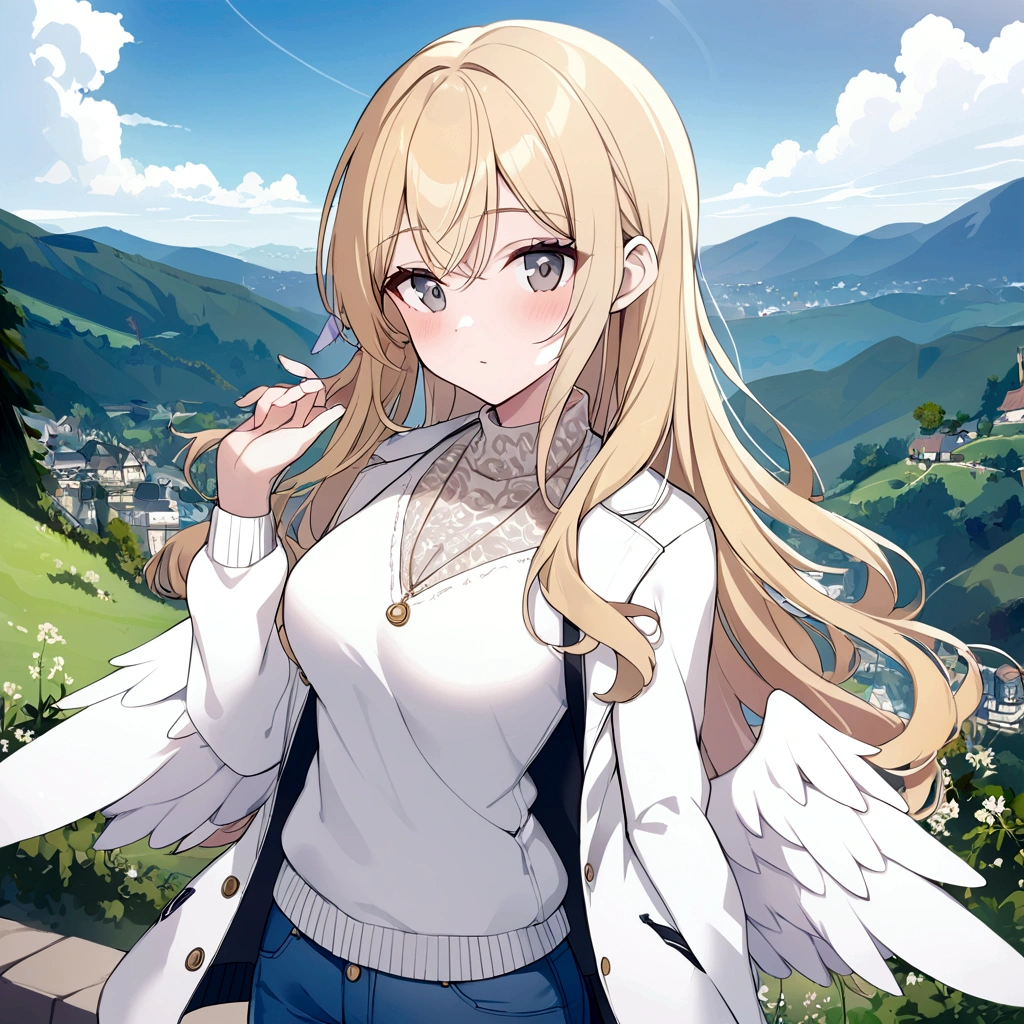 1 girl, Medium breasts, Blonde Hair, Long hair, curls, Gray eyes, White feather wings, Angel, outdoor, white jacket, Necklace, Vest, jeans