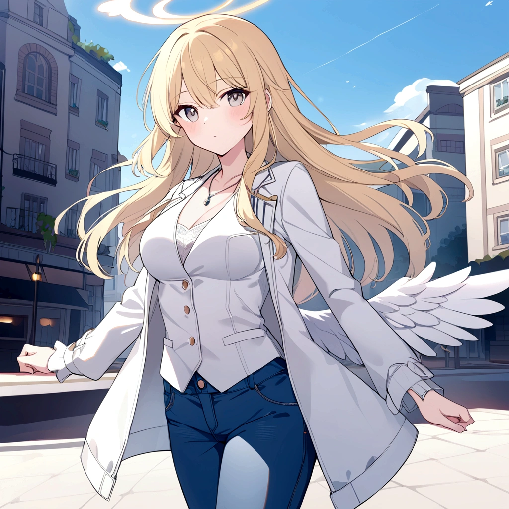1 girl, Medium breasts, Blonde Hair, Long hair, curls, Gray eyes, White feather wings, Angel, outdoor, white jacket, Necklace, Vest, jeans