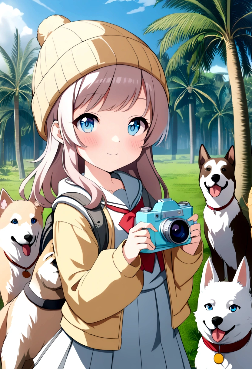 anime girl with a (((yellow backpack))) and (((four dogs in a field of coconut trees))), ((((blue eyes girl)))), (((The girl is wearing a beanie))), cute detailed digital art, adorable digital painting, ((((camera a front of character)))), artwork in the style of guweiz, realistic anime 3 d style, anime styled 3d, render of a cute 3d anime girl, made with anime painter studio, anime style. 8k, childrens art in artstation, anime visual of a cute girl,