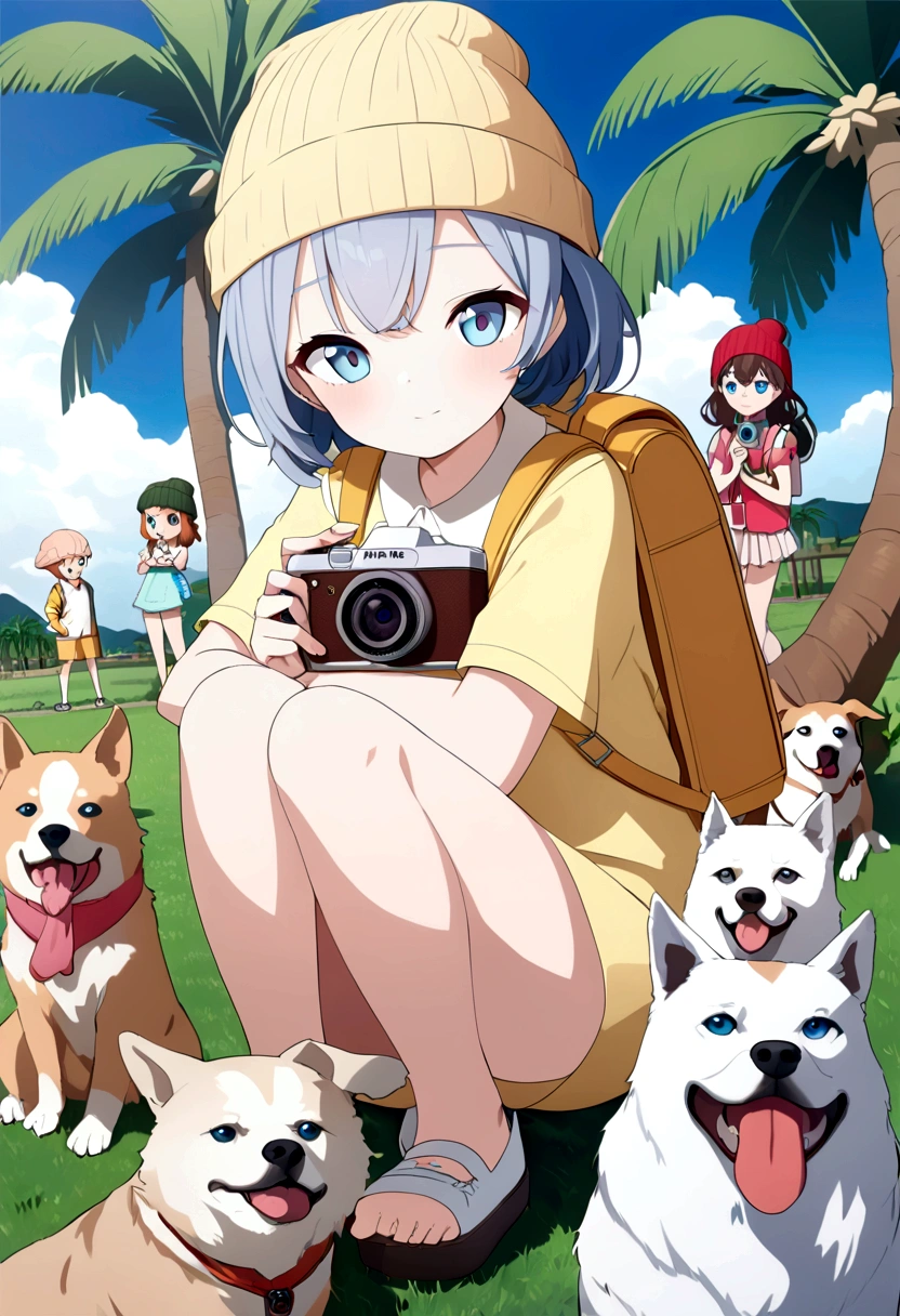anime girl with a (((yellow backpack))) and (((four dogs in a field of coconut trees))), ((((blue eyes girl)))), (((The girl is wearing a beanie))), cute detailed digital art, adorable digital painting, ((((camera a front of character)))), artwork in the style of guweiz, realistic anime 3 d style, anime styled 3d, render of a cute 3d anime girl, made with anime painter studio, anime style. 8k, childrens art in artstation, anime visual of a cute girl,