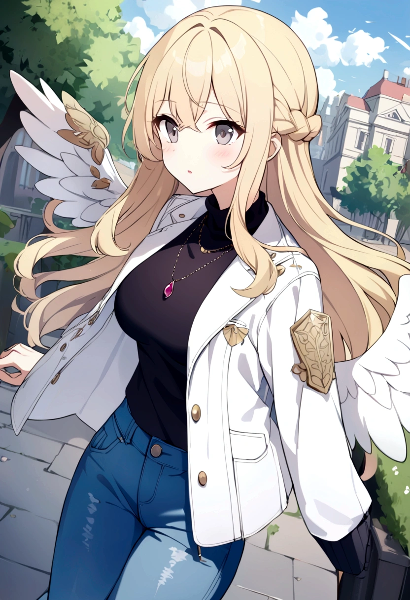 1 girl, Medium breasts, Blonde Hair, Long hair, curls, Gray eyes, White feather wings, Angel, outdoor, white jacket, Necklace, Vest, jeans