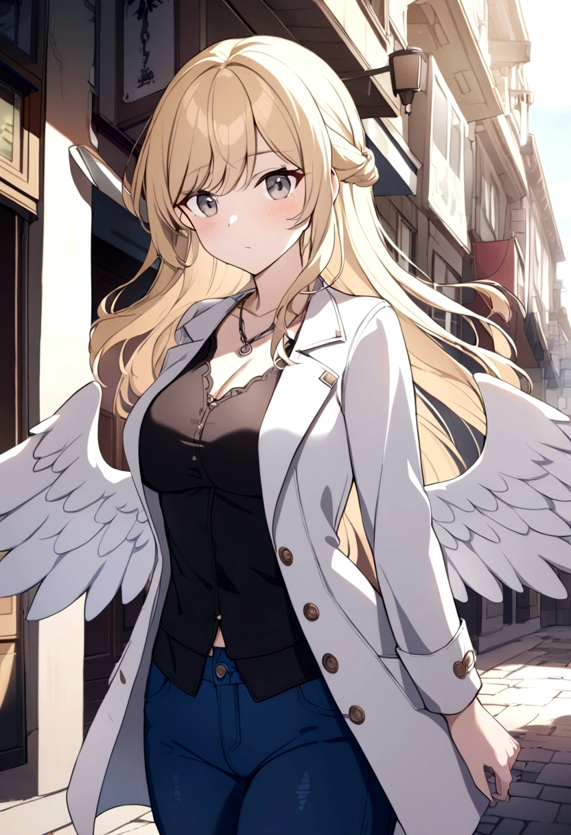 1 girl, Medium breasts, Blonde Hair, Long hair, curls, Gray eyes, White feather wings, Angel, outdoor, white jacket, Necklace, Vest, jeans