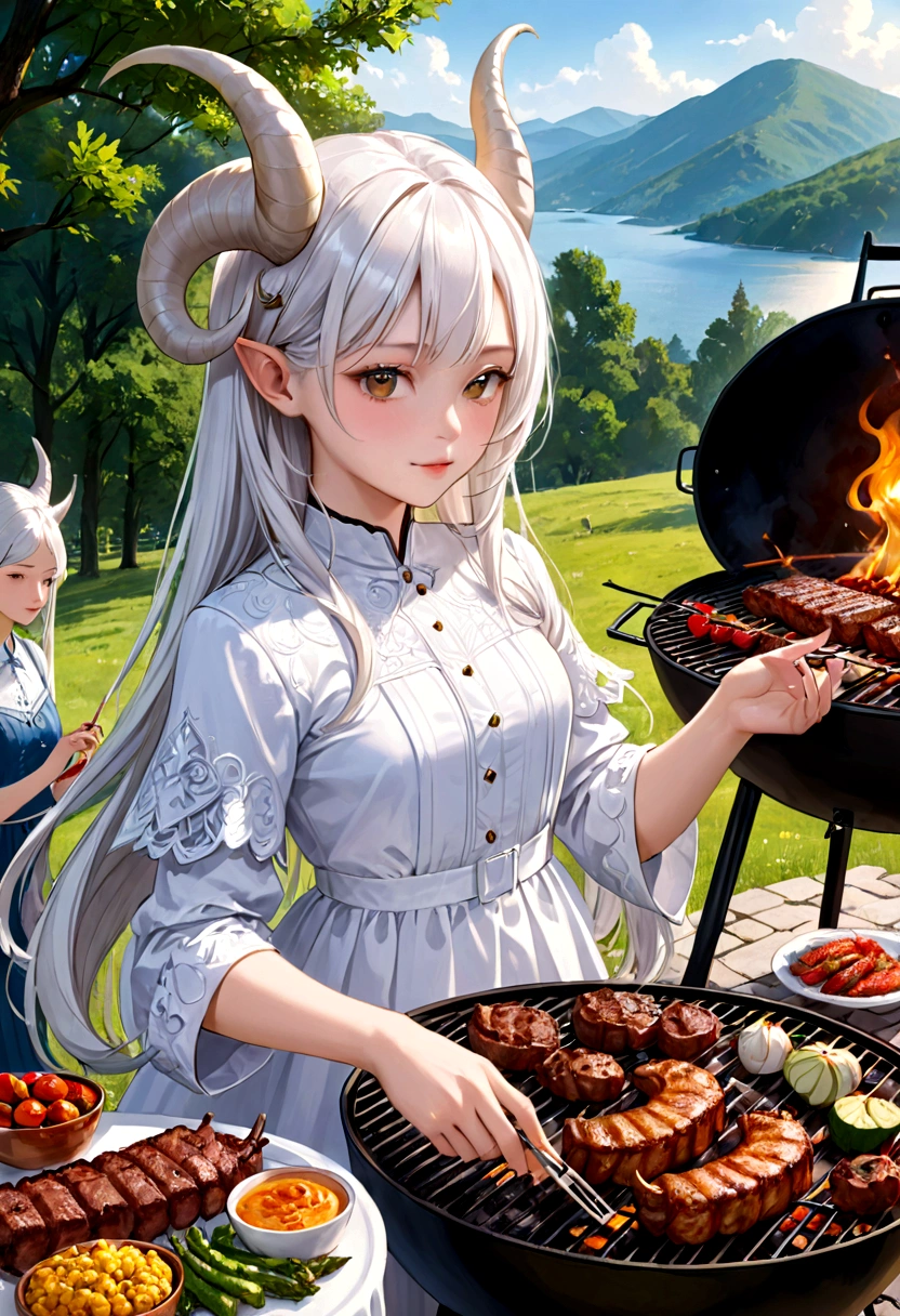beautiful young girl, White hair, Capricorn horns, make barbecue