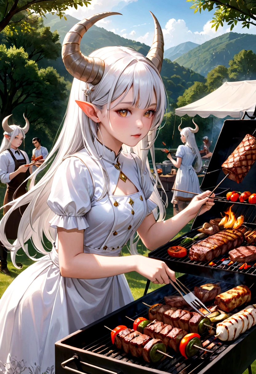 beautiful young girl, White hair, Capricorn horns, make barbecue