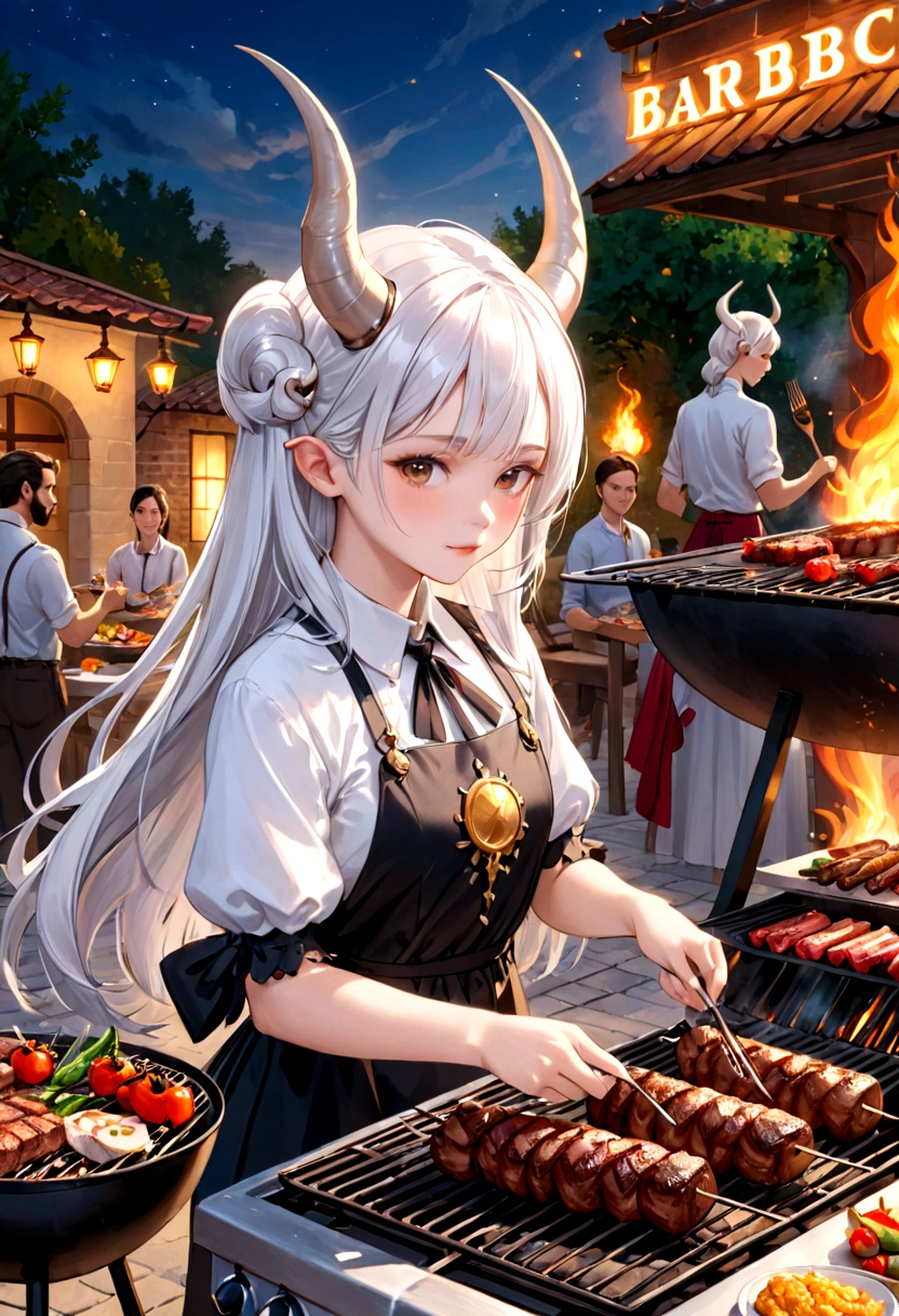 beautiful young girl, White hair, Capricorn horns, make barbecue