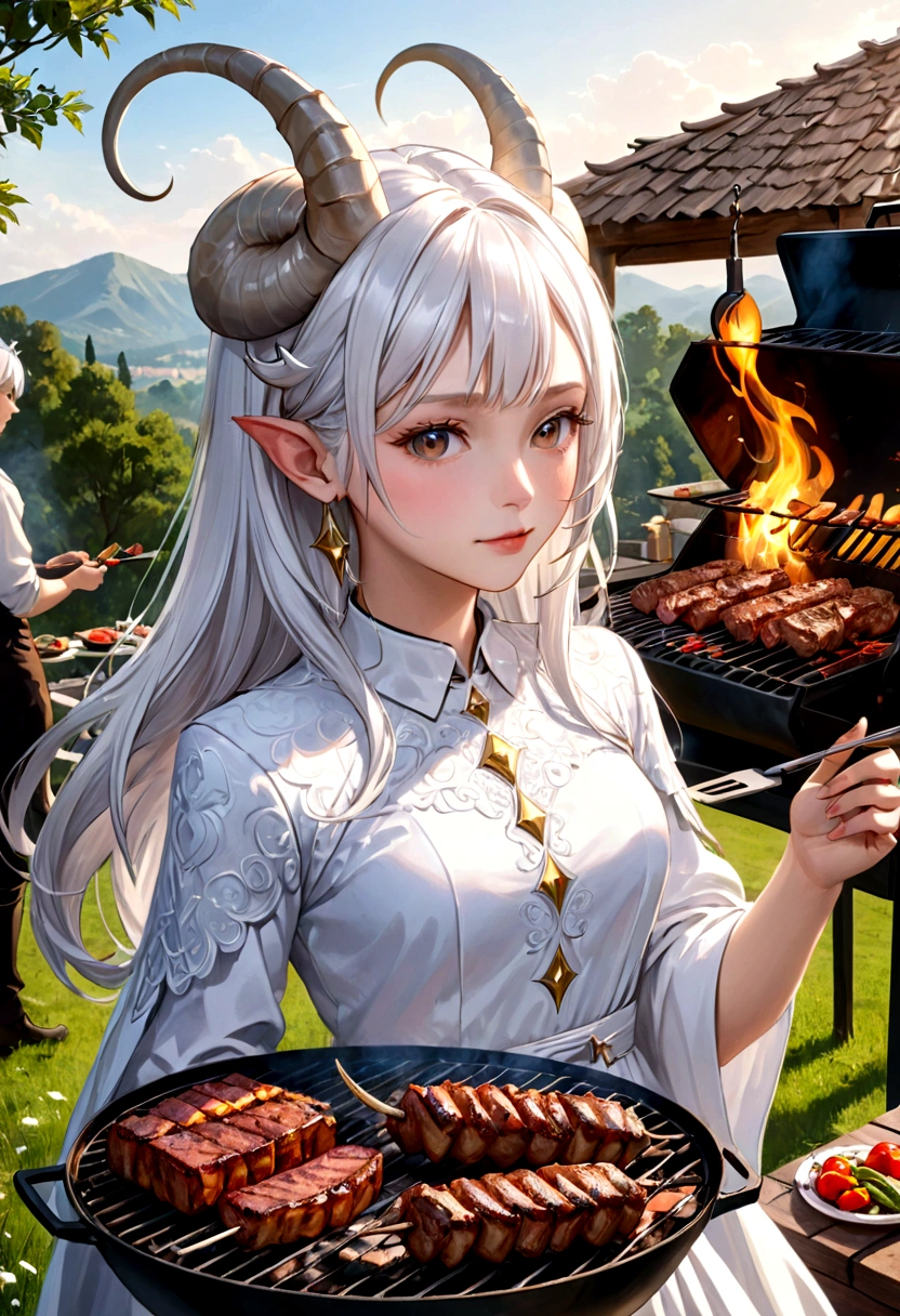 beautiful young girl, White hair, Capricorn horns, make barbecue