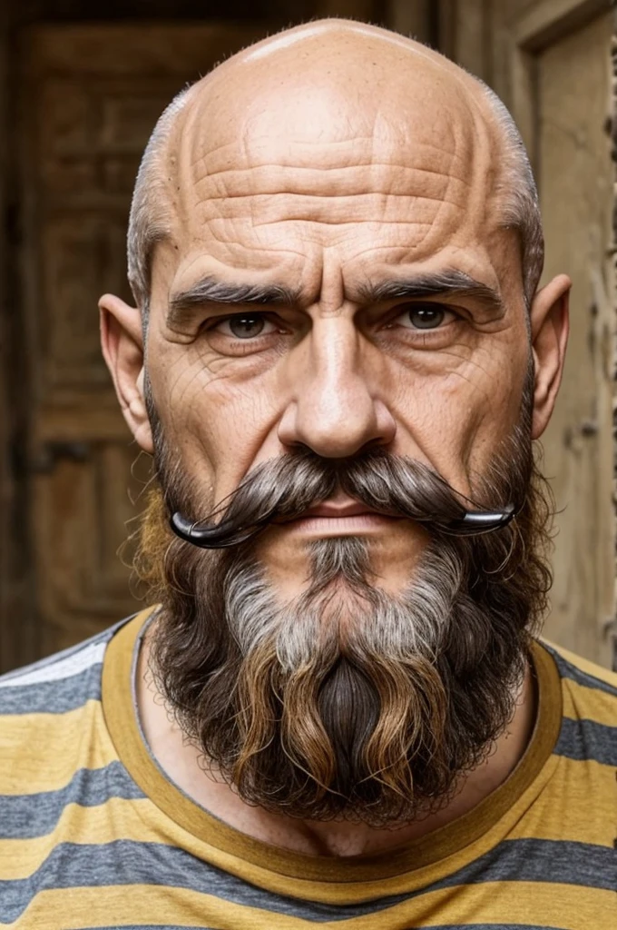 very old man, emaciated, bald on top of the head, severe baldness, il n'a pas de barbe, Ochre striped shirt, long curly hair on the sides, moustache  touffue