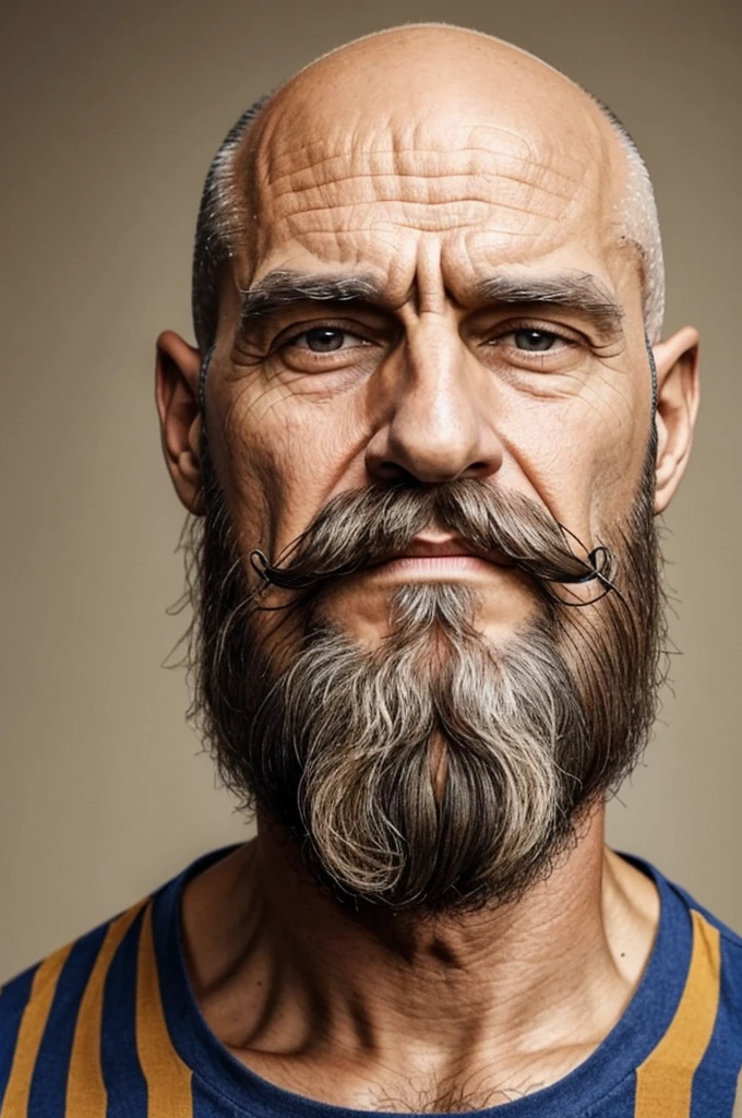 very old man, emaciated, bald on top of the head, severe baldness, il n'a pas de barbe, Ochre striped shirt, long curly hair on the sides, moustache touffue