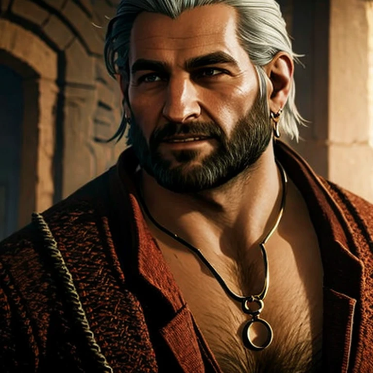 ((ultra detailed, masterpiece, best quality))DAVarric, 1man, solo, grey hair, grey eyes, short, broad shoulders, necklace, chest hair, red tunic, short hair, no beard, wide nose, jacket