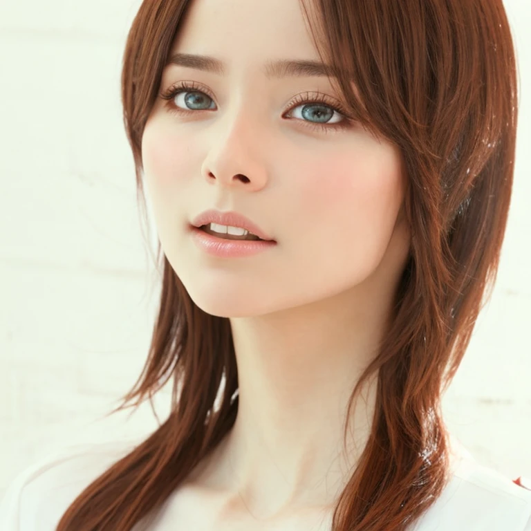 (highest quality, 8k, 32k, masterpiece), (Realistic), (Photorealistic:1.2), (High resolution), Very detailed, Very beautiful face and eyes, 1girl, Delicate body, (close, highest quality, Attention to detail, Rich skin detail), (highest quality, 8k), Very detailed, (Realistic, Realistic:1.37), Bright colors, (((Bust Shot))), (((Pure white wall background))), (((Look straight ahead)))
