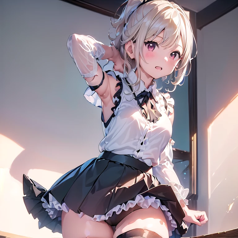 BREAK (((おもらし:1.5、おしっこ:1.5))),股間から水がしたたる、NSFW,(official art、highest quality、Unity 8k wallpaper、32K:1.3、masterpiece、super detailed、超high resolution、realistic、Photoreal:1.2)、(cinematic lighting:1.2)、fire glow effect、film grain、best shadows、rim lighting、side light、(Super detailed and complex 3D rendering)、beautiful background、detailed beautiful face and eyes、(Beautiful and sharp pupilasterpiece, high resolution、highest quality, Ultra - High resolution, maximum resolution, very detailed, professional lighting, beautiful skin,BREAK, (完璧な手, 完璧な解剖学,精細な目:1.5,精細な瞳:1.5),(((solo, black thighhighs, black skirt, , frilled skirt, detached sleeves, sleeveless shirt, white shirt, red ribbon ,maid headdress))),BREAK,太い輪郭:1.3、精細な輪郭,BREAK (((非常に精細な瞳、光を反射してきれいに輝く瞳:1.3、非常に精細な顔、透き通った瞳)))、美しい肌、色白、明るい、(((美しい銀色の髪:1.3))),BREAK (((6歳:1.3))),詳細な顔, 詳細な肌, 詳細な衣服, 詳細な指, 引き締まった脚,ウエストが細い、魅力的な太もも、驚くほど非常に細い脚、驚くほど細い太もも、滑らかで美しい太もも、 凹凸の少ない美脚、BREAK (((驚くほど非常に大きな胸:1.3、驚くほどふっくらとした巨乳:1.5,爆乳:1.5,美しい胸、美しい胸の形、尖った胸、胸の先端がツンと尖る、驚くほど非常に大量の精液でおっぱい全体がとても濡れている:1.3))),BREAK (((足を横に広げて:1.3,足を90度から120度横に広げて:1.5)))