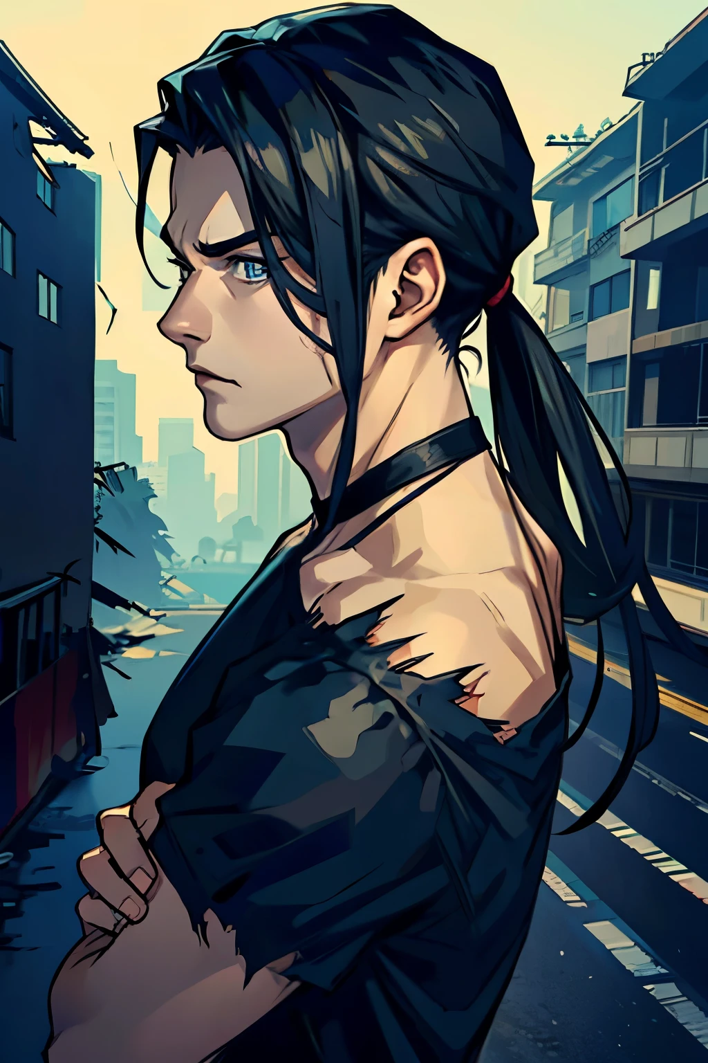 Realistic Anime style, Handsome boy, cool boy, serious face, torn Black shirt, Slicked Back hairstyle, Several blood wounds on his face, Background of destroyed buildings, low long ponytail, blue eyes 