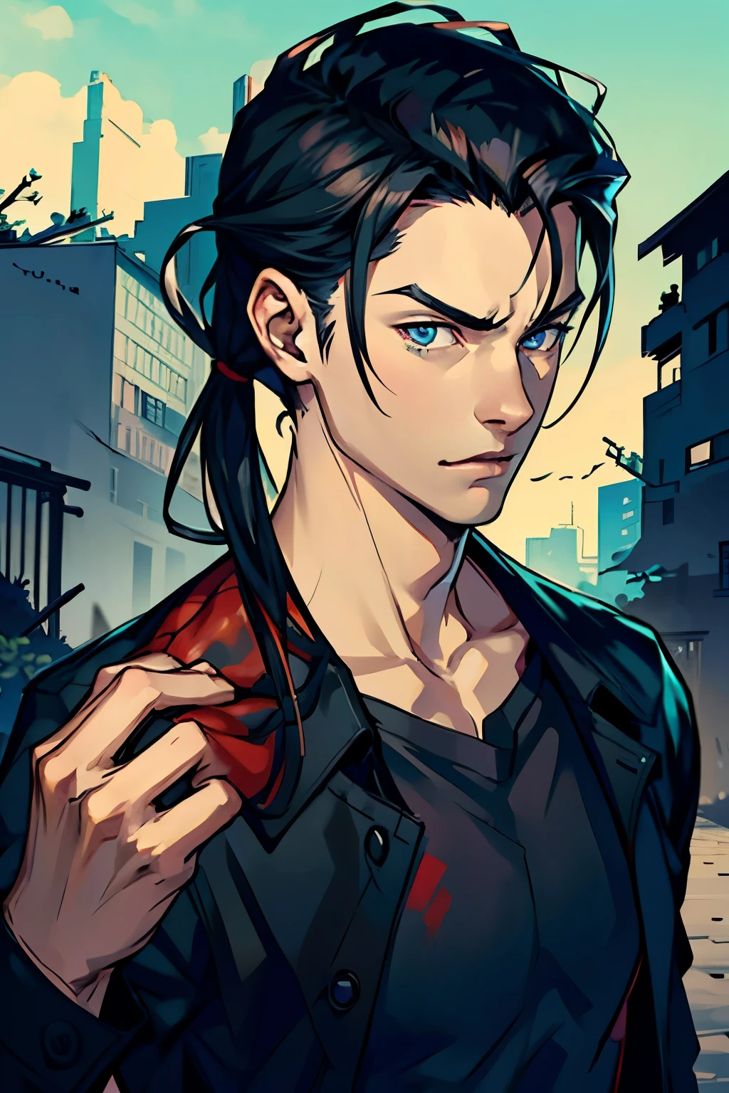 Realistic Anime style, Handsome boy, cool boy, serious face, torn Black shirt, Slicked Back hairstyle, Several blood wounds on his face, Background of destroyed buildings, low long ponytail, blue eyes