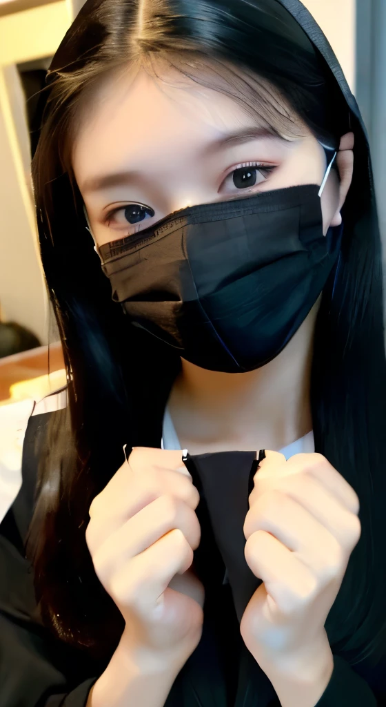 ((Wear a black mask))、((I hide my face with my hands)、Please hide your face with your hands、Shooting from below、Your eyes are smiling、bright、Are you okay、Shortcuts、18-year-old、目元はsmile、smile、With black underwear、Very obscene、((Selfie style in my room)),((student))、((Very young))、((very cute))、((So adorable))、((Please wear a black non-woven mask....)),highest quality, masterpiece, Ultra-high resolution, (Realistic:1.4), RAW Photos, Very detailed, Perfect Anatomy, 1 girl, 18-year-old, Famous idols of Japan, Front view, Crotch close-up,, ((Accentuate your breasts))
