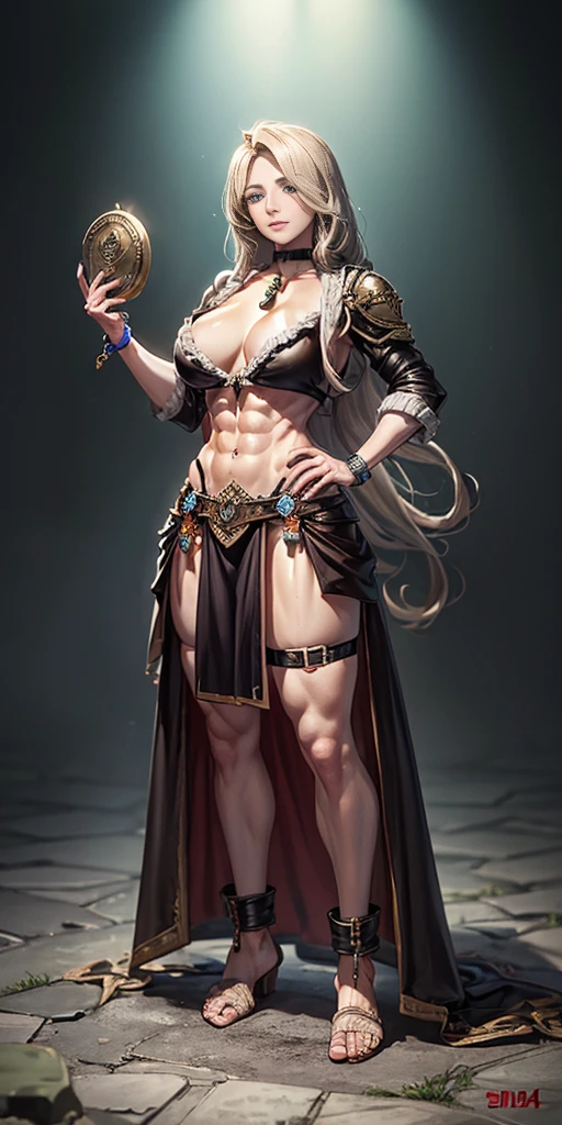full body toe to head, masterpiece, 1soloMILF BIMBO standing loincloth pose, leather collar choker neck bell shackles wristbands bracers bracelets sleeves and stockings, strong body, abs, shiny skin (masterpiece, best quality) 1girlsolo wearing 40K Warhammer sisters of battle whsororitas (plain background)