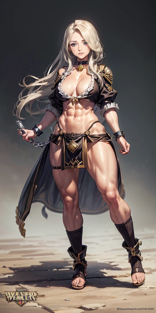 full body toe to head, masterpiece, 1soloMILF BIMBO standing loincloth pose, leather collar choker neck bell shackles wristbands bracers bracelets sleeves and stockings, strong body, abs, shiny skin (masterpiece, best quality) 1girlsolo wearing 40K Warhammer sisters of battle whsororitas (plain background)