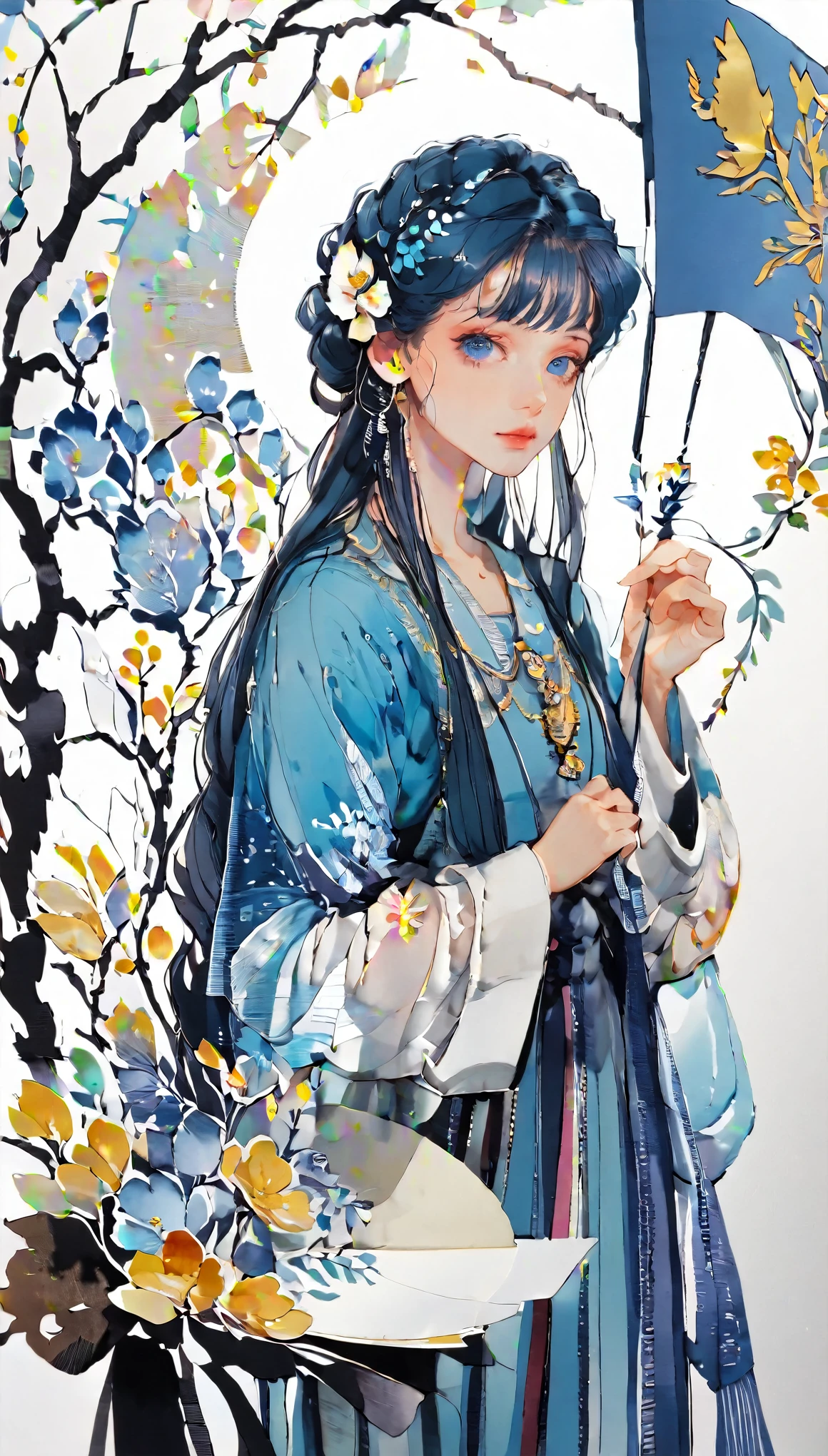 (((paper cutting style))), 1 girl, blue hair, long hair, portfolio, flag