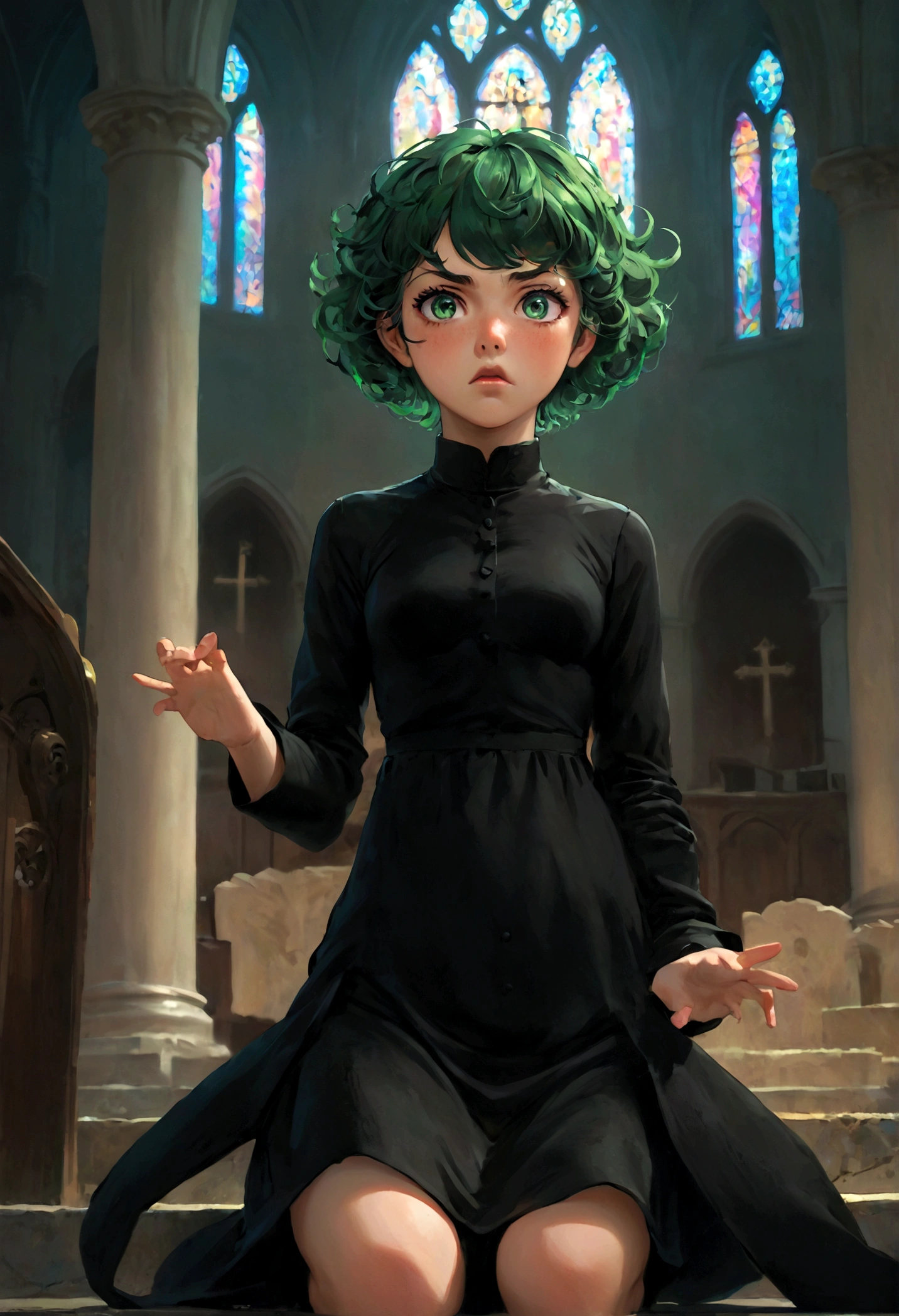 1girl, tatsumaki, green hair, green eyes, black dress, short hair, curly hair, (Disgusted face, Disgusted Look), looking at viewer, contempt, frown, church, dramatic composition, cinematic dynamic action scene, vibrant colors, cinematic lighting, dramatic lighting, best quality, masterpiece, very aesthetic, perfect composition, intricate details, ultra-detailed