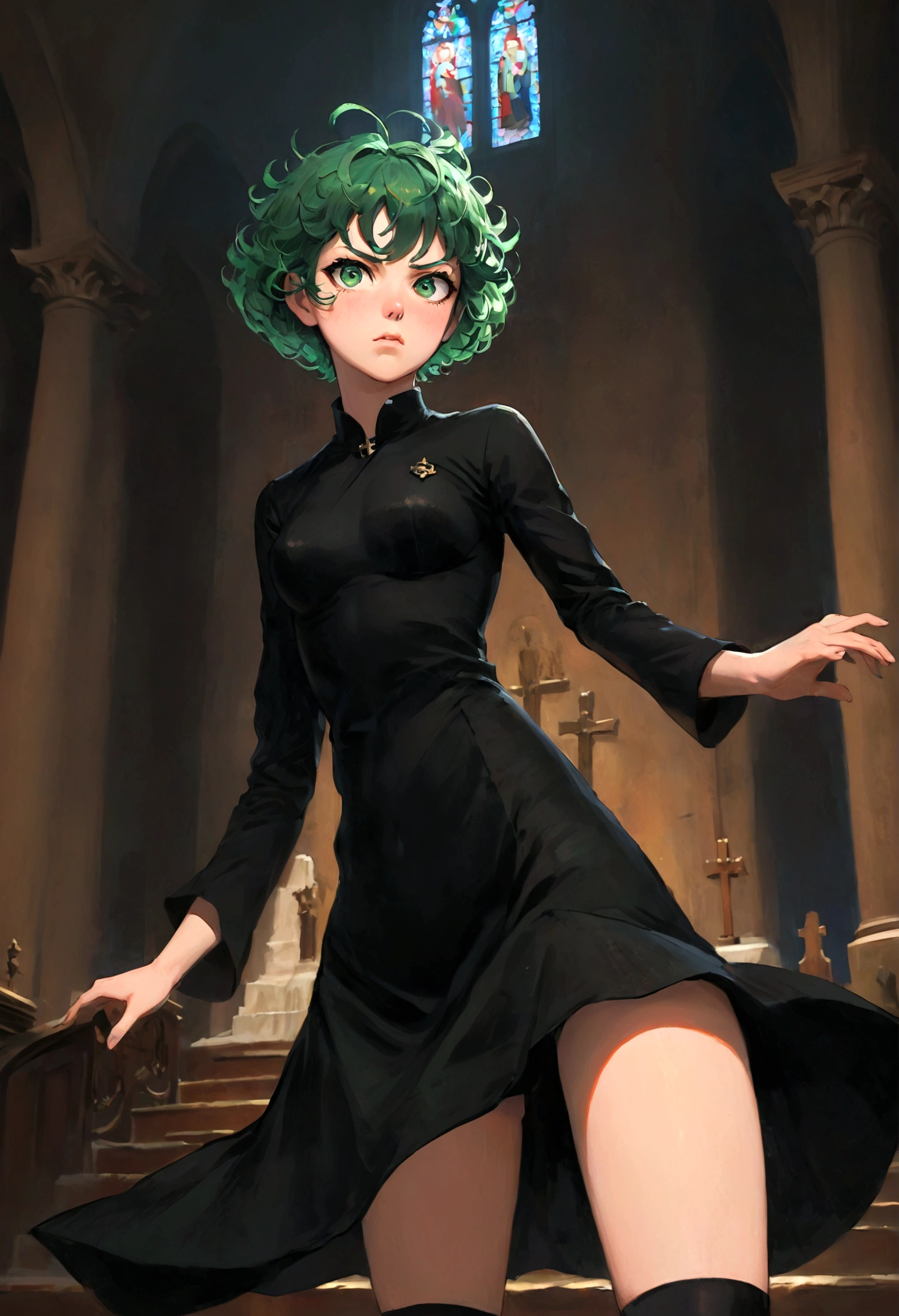 1girl, tatsumaki, green hair, green eyes, black dress, short hair, curly hair, (Disgusted face, Disgusted Look), looking at viewer, contempt, frown, church, dramatic composition, cinematic dynamic action scene, vibrant colors, cinematic lighting, dramatic lighting, best quality, masterpiece, very aesthetic, perfect composition, intricate details, ultra-detailed