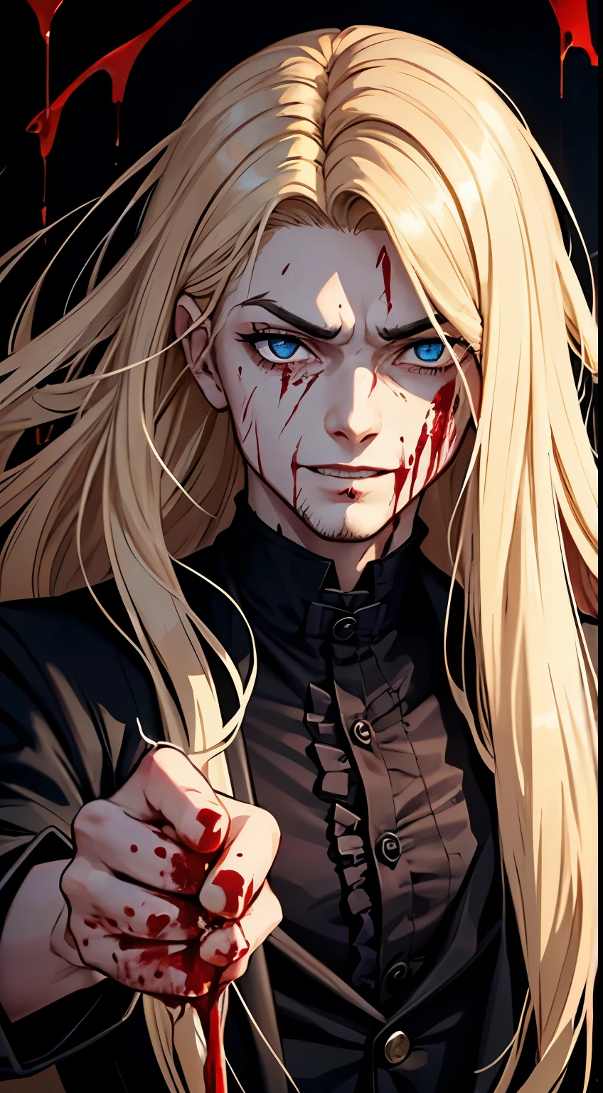 (masculine), (horrifying,shocking),blood-spattered man, male covered in blood,long flowing blond hair, , ((paled skin)) ,expressive eyes,dramatic lighting,gritty and intense,horror portrait,violent,splattered blood,dark and haunting background,close-up of face and body,bloody handprints,terrifying aura,macabre,vivid colors,high contrast, blue eyes, bloddy, masacre, androgynous, perfect face, evil smile, insane, crazy, Black coat, black suit, one young male, beautiful long hair, blond hair, blue eyes, purple victorian shirt, purple jabot, beautiful face, highest quality, wild fighting stance, blood everywhere