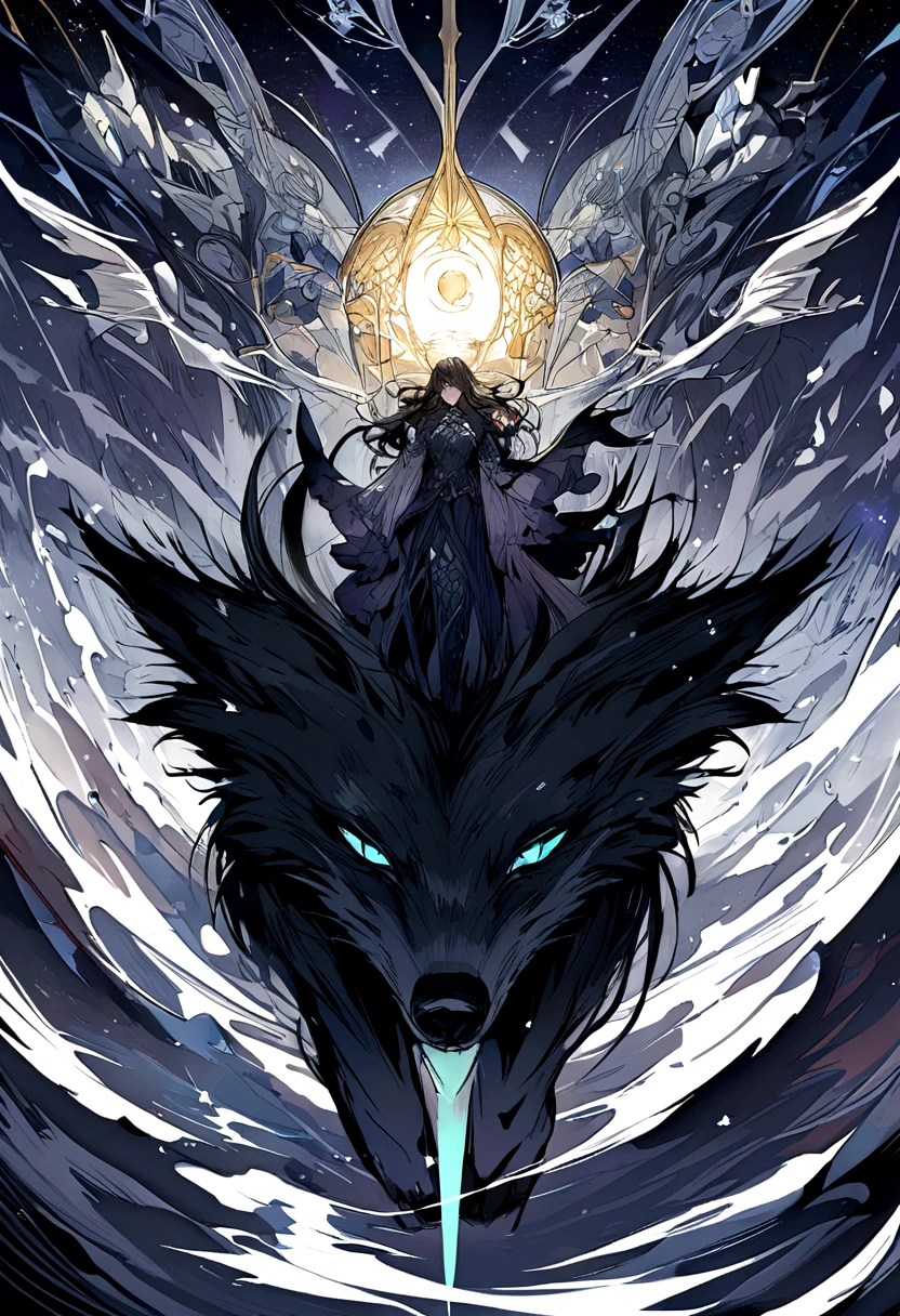 Raven and wolf in the snow on the planet Moon