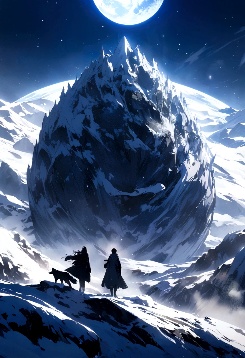 Raven and wolf in the snow on the planet Moon