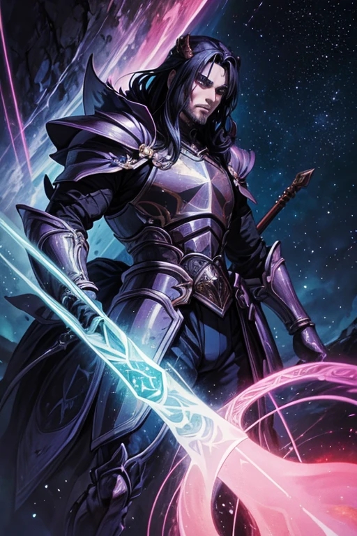 a warrior tiger god, full body, using a long spear, and leather armor, muscular, pink and navy blue, vibrant, in the bright cosmos, a hairy young man with an ethereal and devilish behavior appears, his features bathed in the lunar glow. His skin, pink and navy blue striped, reflecting like a mirror, the starry night. Within its captivating gaze, galaxies swirl, vibrant hues of cosmic dust and celestial wonders painting a mesmerizing tapestry in shades of blue. Adorning its ferociously caged mouth are a pair of saber-toothed fangs, a sharp addition that adds a savage touch to its captivating gaze. His presence evokes a sense of pride, drawing the viewer into a realm where darkness and beauty intertwine. As his presence commands attention, the enigmatic allure of this captivating figure captivates the imagination, inviting contemplation of the hidden depths that lie beneath his captivating gaze.