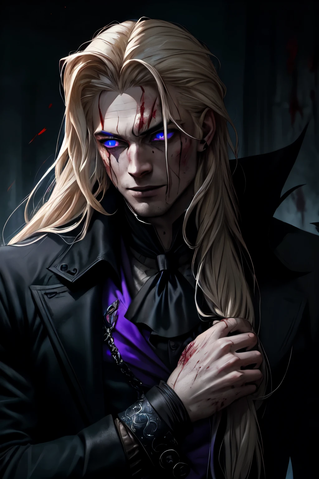 (masculine), (horrifying,shocking),blood-spattered man, male covered in blood,long flowing blond hair, , ((paled skin)) ,expressive eyes,dramatic lighting,gritty and intense,horror portrait,violent,splattered blood,dark and haunting background,close-up of face and body,bloody handprints,terrifying aura,macabre,vivid colors,high contrast, blue eyes, bloddy, masacre, androgynous, perfect face, evil smile, insane, crazy, Black coat, black suit, one young male, beautiful long hair, blond hair, blue eyes, purple victorian shirt, purple jabot, beautiful face, highest quality, wild fighting stance, blood everywhere