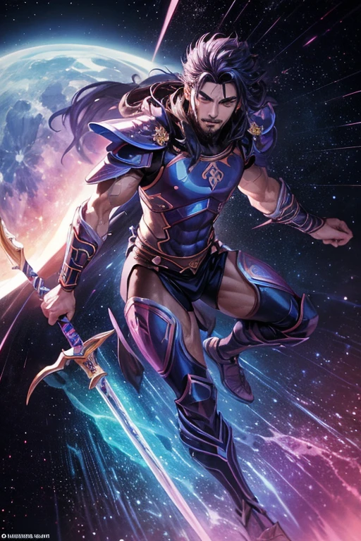 a warrior tiger god, full body, using a long spear, and leather armor, muscular, pink and navy blue, vibrant, in the bright cosmos, a hairy young man with an ethereal and devilish behavior appears, his features bathed in the lunar glow. His skin, pink and navy blue striped, reflecting like a mirror, the starry night. Within its captivating gaze, galaxies swirl, vibrant hues of cosmic dust and celestial wonders painting a mesmerizing tapestry in shades of blue. Adorning its ferociously caged mouth are a pair of saber-toothed fangs, a sharp addition that adds a savage touch to its captivating gaze. His presence evokes a sense of pride, drawing the viewer into a realm where darkness and beauty intertwine. As his presence commands attention, the enigmatic allure of this captivating figure captivates the imagination, inviting contemplation of the hidden depths that lie beneath his captivating gaze.