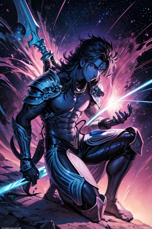 a warrior tiger god, full body, using a long spear, and leather armor, muscular, pink and navy blue, vibrant, in the bright cosmos, a hairy young man with an ethereal and devilish behavior appears, his features bathed in the lunar glow. His skin, pink and navy blue striped, reflecting like a mirror, the starry night.  Within its captivating gaze, galaxies swirl, vibrant hues of cosmic dust and celestial wonders painting a mesmerizing tapestry in shades of blue.  Adorning its ferociously caged mouth are a pair of saber-toothed fangs, a sharp addition that adds a savage touch to its captivating gaze.  His presence evokes a sense of pride, drawing the viewer into a realm where darkness and beauty intertwine. As his presence commands attention, the enigmatic allure of this captivating figure captivates the imagination, inviting contemplation of the hidden depths that lie beneath his captivating gaze.